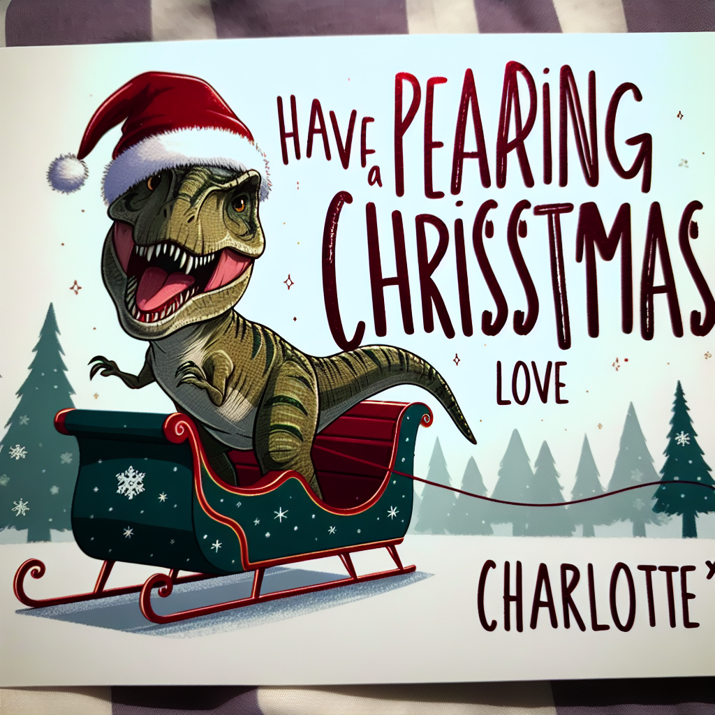 A humorous and festive vector illustration showcasing a T-rex donning a cheerful Christmas hat, joyfully riding a sleigh. The scene is complemented by the whimsical text, 'Have a roaring Christmas. Love Charlotte xx', adding a personal touch to the birthday and holiday fusion theme.
Generated with these themes: T-rex with a Christmas hat on, riding a sleigh.
Made with ❤️ by AI.