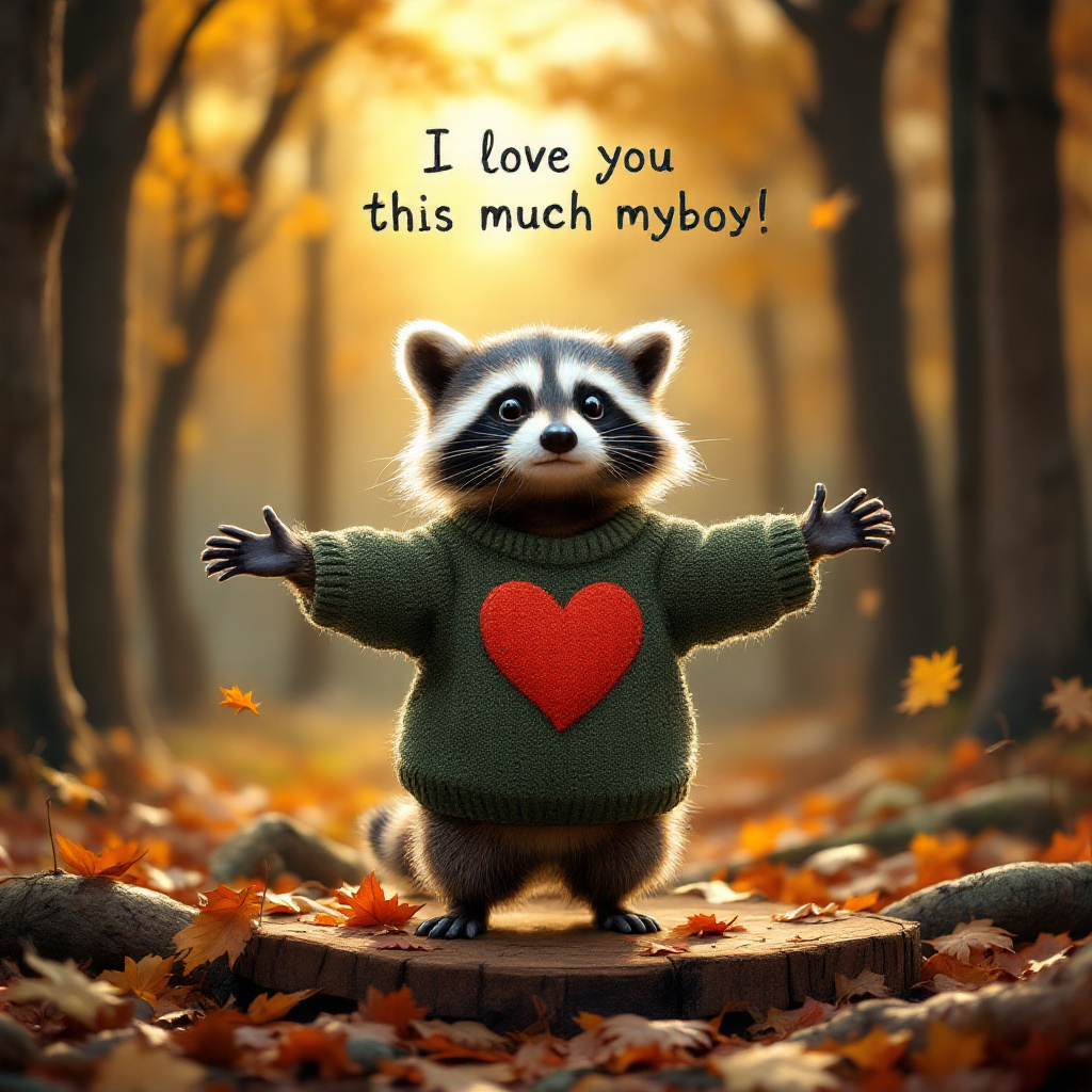 In a whimsical forest clearing bathed in the soft golden glow of a late afternoon sun, a quirky raccoon takes center stage. This charming creature is standing on a small, rustic wooden platform amidst a carpet of fallen autumn leaves, each leaf rendered in intricate detail with shades of amber, crimson, and gold. The raccoon wears a cozy, oversized sweater, delightfully baggy, with sleeves rolled up just enough to reveal tiny, nimble paws. The sweater is an earthy green, contrasting the raccoon's sleek, silvery fur, and emblazoned with a vivid red heart that radiates warmth and sincerity. Above the heart, stitched in whimsical lettering that curls and loops like an artist's playful brushstrokes, are the words "I love you this much myboy!" The raccoon's arms are outstretched to comically impossible lengths, each tiny paw reaching towards the edge of the card, as if trying to hug the entire world.

Behind the raccoon, a backdrop of towering, ancient trees stands sentinel, their gnarled trunks and twisting branches reminiscent of Arthur Rackham's ethereal landscapes. Tiny woodland creatures—a curious squirrel, a bashful hedgehog, and a wise old owl perched on a branch—peek out from the scene, their eyes wide with admiration and amusement. Scattered around the clearing are delicate wildflowers and toadstools, their colors echoing Beatrix Potter's gentle touch. Above, a clear sky, tinged with the soft hues of twilight, holds a scattering of fluffy clouds, reminiscent of Maxfield Parrish’s dreamlike skies. In the foreground, a small, whimsical birthday cake with crooked layers and a single, bright candle flickers with an inviting glow, adding a playful touch inspired by Quentin Blake's charmingly chaotic illustrations. The whole scene feels as if it's a snapshot from a fantastical world where the boundaries of reality and imagination beautifully blur, inviting the recipient of the card into a storybook moment of joy and affection.
Generated with these themes: sketch of a raccoon with his arms open wearing a sweater with a heart on it saying I love you this much myboy!.
Made with ❤️ by AI.