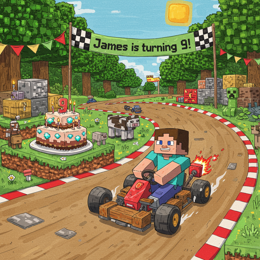 In the foreground of this hand-drawn birthday greeting card, imagine a lively racetrack scene intricately woven into a Minecraft-inspired landscape. The track is a dirt path, curving dynamically across the illustration with colorful pixelated checkered flags flapping at either end. 

In the center, a Minecraft character, crafted in a style reminiscent of Norman Rockwell’s realism and Quentin Blake’s whimsical charm, is seen racing in a makeshift kart. The kart is constructed from cobblestones and oak planks, complete with pixel-style wheels and a glowing redstone engine, adding a splash of vibrant crimson.

On one side of the track, a Minecraft-style birthday cake sits on a grassy block. The cake is topped with a large numeral "9" made of stacked diamond blocks that sparkle in the sunlight. Surrounding the cake are Minecraft animals like blocky sheep and cows, their geometric forms nodding to the work of Maurice Sendak and Arthur Rackham’s detailed animal illustrations.

In the background, towering pixelated trees rise against a vivid blue sky, rendered with the lush, detailed textures reminiscent of N.C. Wyeth’s landscapes. Here, a large, fluttering banner hangs between two trees, with the text “James is turning 9!” emblazoned in bright green Minecraft font. 

To the side, the iconic Minecraft creepers peek out from behind blocks, their bold, geometric patterns a playful nod to Aubrey Beardsley's detailed style. The sun, a pixelated square, casts a warm glow across the scene, adding depth and vibrancy akin to Maxfield Parrish’s use of light.

This card merges the thrill of racing with the enchanting block world of Minecraft, all while celebrating James’s big day in a visual feast of detail and color.
Generated with these themes: Cool, 9 year old, Racing , and Minecraft.
Made with ❤️ by AI.