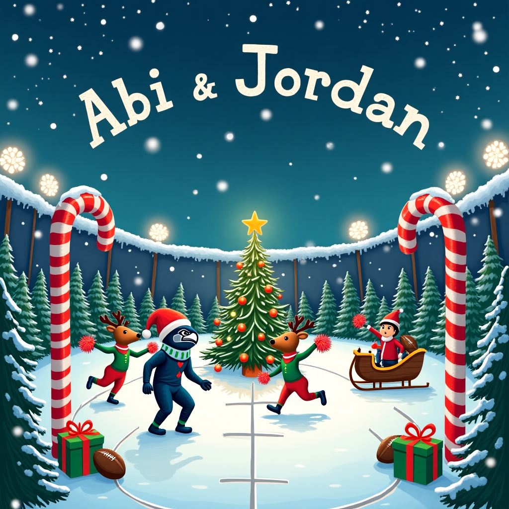 In the snowy expanse of a whimsical North Pole stadium, a festive football game unfolds with a delightful nod to the Seattle Seahawks. The scene is alive with holiday cheer, centered around a Christmas tree decorated with tiny footballs, twinkling fairy lights, and miniature helmets, crowned with a glowing Seahawk logo at the top. In the background, towering candy cane goalposts stand, each stripe swirling like a peppermint twist. 

The Seattle Seahawks mascot, Blitz the Seahawk, is clad in a Santa hat and scarf, poised at the 50-yard line, ready to make a merry touchdown. Surrounding Blitz are cartoonishly charming reindeer cheerleaders, donned in green and blue jerseys, pom-poms in hoof, leaping and twirling to the side. Snow gently drifts down, each flake unique, sparkling as if made of delicate lace. 

Above this playful scene, the sky is a soft twilight blue, peppered with stars shaped like footballs. The names "Abi & Jordan" are elegantly spelled out in the clouds, as if playfully written by a mischievous breeze. A sleigh, laden with gifts wrapped in vibrant green and blue paper, swooshes past, driven by an elf wearing a Seahawks jersey, tipping his hat in festive greeting. The whole tableau is set within a frame of snow-covered evergreens, their branches heavy with both snow and tiny, glistening Seahawk ornaments. This is a Christmas card that captures the joy of the season with a spirited football twist, all while celebrating Abi & Jordan in the most charmingly personal way.
Generated with these themes: Seattle Seahawks, American Football, and Christmas.
Made with ❤️ by AI.