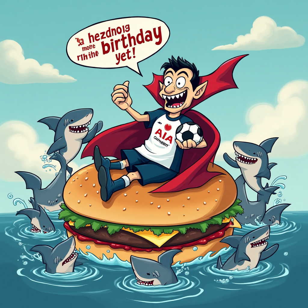 At the top of the Cartoon Style image, include the text "Happy Burt Day!"

**Image Prompt:**

Create a whimsical scene where a cartoonish Dracula is lounging on a floating burger in a sea filled with playful, smiling sharks wearing Tottenham Hotspur jerseys. Dracula, with his exaggerated cape and fangs, holds a soccer ball instead of his usual goblet, and he's giving a cheeky thumbs-up. The sharks, with comical wide eyes and friendly grins, swim around the burger, looking both enthusiastic and slightly clumsy in their attempts to play soccer in the water. Bright colors, bold outlines, and exaggerated features should make this a lively and humorous illustration. Add a playful splash of water and vibrant sky in the background to enhance the fun atmosphere. Include a small text caption on the burger reading, "Sink your teeth into the best birthday yet!"
Generated with these themes: Burgers, Sharks, Dracula, Tottenham Hotspur, and .
Made with ❤️ by AI.