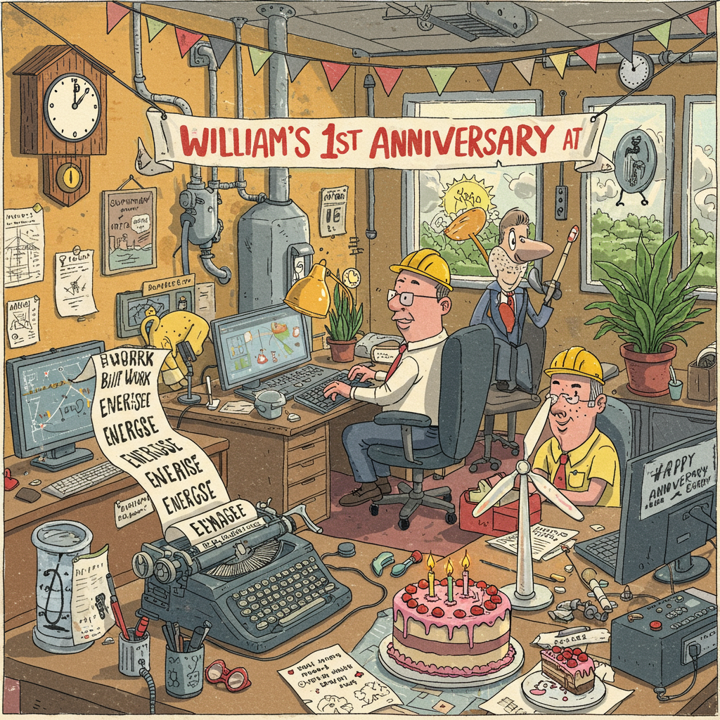**Front Cover Illustration Description:**

**Background:** 
The scene unfolds in a whimsical, bustling office landscape reminiscent of a delightful blend of Norman Rockwell's detailed scenes and Quentin Blake's lively line work. The office walls are filled with intricate gears, pipes, and whimsical contraptions, hinting at a workplace bustling with creativity and industry. The color palette is vivid with warm yellows and oranges, interspersed with calming blues and greens to signify energy and productivity. 

**Foreground Elements:**

1. **Central Characters:**
   - In the center, a jubilant group of cartoonish, expressive office workers, each uniquely drawn with exaggerated features, are caught in the midst of animated tasks. One worker is perched on an oversized, swiveling office chair, typing energetically at a vintage typewriter that spews out long ribbons of paper reading "Work Work Work Build Build Build Energise Energise Energise." 
   - Another character, with a comically oversized toolbox labeled "Rematek Energy," is busy assembling a tiny wind turbine at his desk. 

2. **Desk Details:**
   - On a desk, cluttered with blueprints and gadgets, a miniature cake adorned with a single lit candle rests. The cake has an inventive design, topped with tiny, moving mechanical parts made of frosting and candy.

3. **Banner:**
   - Above the bustling scene, a festive banner stretches across the ceiling, inscribed with playful, hand-lettered text in vibrant hues of red and gold: "William's 1st Anniversary at Rematek Energy."

**Additional Elements:**

- **Quirky Office Details:**
  - A wall clock with a large, animated cuckoo bird emerges, its wings flapping as it sings "Happy Anniversary," its sound lines humorously drawn.
  - An office plant in the corner seems to dance, with leaves waving as if celebrating, drawn with a touch of Beatrix Potter's nature charm.

- **Floor and Surroundings:**
  - The floor is a patchwork of colorful tiles, resembling puzzle pieces, illustrating the teamwork theme with each piece fitting perfectly into the next. 
  - A small, friendly office robot zips around the scene on wheels, handing out cups of steaming coffee labeled "Energise" with little, whimsical clouds of steam.

This visual celebration captures a vibrant, bustling moment of joy, detail, and humor, designed to amuse and delight the recipient, making them feel both the energy and the accomplishment of William's milestone at Rematek Energy.
Generated with these themes: Work Work Work Build Build Build Energise Energise Energise.
Made with ❤️ by AI.