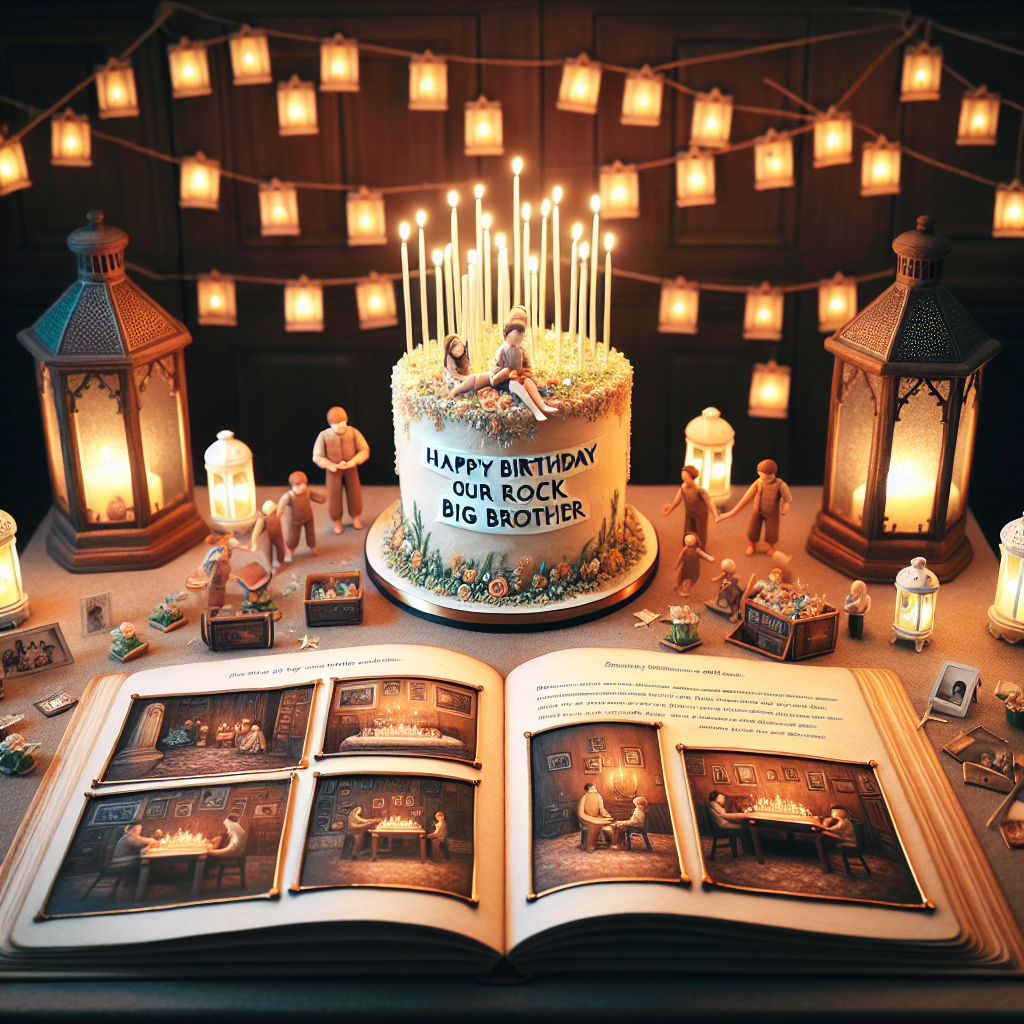 Visualize a room filled with joy, purposefully arranged for a birthday celebration maintaining a touch of refinement. Illuminate the scene with a bunch of gently glowing lanterns casting a warm light on a table. On the table, place a photorealistic scrapbook opened to pages narrating tales of adventures between siblings, evident through pictures and captions. At the center of the setting, present an exquisitely realistic edible masterpiece, a cake elaborately decorated with words 'Happy Birthday to our Rock, Big Brother.' Surround the cake with miniature sugar sculptures that capture the siblings during loving interactions, each reflecting a unique and cherished memory.
Generated with these themes: big brother.
Made with ❤️ by AI.