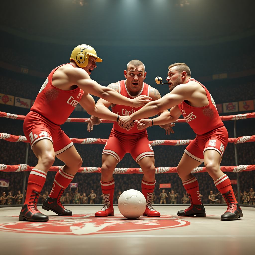 At the top of the Photorealistic picture taken from a camera image, **"Happy birthday Jon!"**

---

**Image Description:**

In the foreground, a group of three buff, cartoonishly exaggerated wrestlers in tight, bright wrestling gear is having a comical showdown. They are hilariously dressed in Arsenal football jerseys over their wrestling outfits. One wrestler, sporting an oversized army helmet that looks comically out of place, is about to dramatically body-slam another who is striking a mock 'goal celebration' pose, arms raised and eyes wide with an exaggerated expression. The third wrestler, who is acting as a referee, is trying to blow a whistle through his face paint with a look of pure confusion. The wrestling ring ropes are draped with Arsenal scarves, and the mat is printed with a giant football. The background shows an audience of toy soldiers wildly cheering, some holding tiny Arsenal flags.

---

The atmosphere is vibrant and cheeky, capturing the essence of birthday humor through this bizarre yet captivating amalgamation of sports, wrestling antics, and military quirks. The lighting emphasizes the shiny spandex and polished boots, while the rich textures make the scene pop with photorealistic clarity.
Generated with these themes: Arsenal, Wrestling, Army, and .
Made with ❤️ by AI.