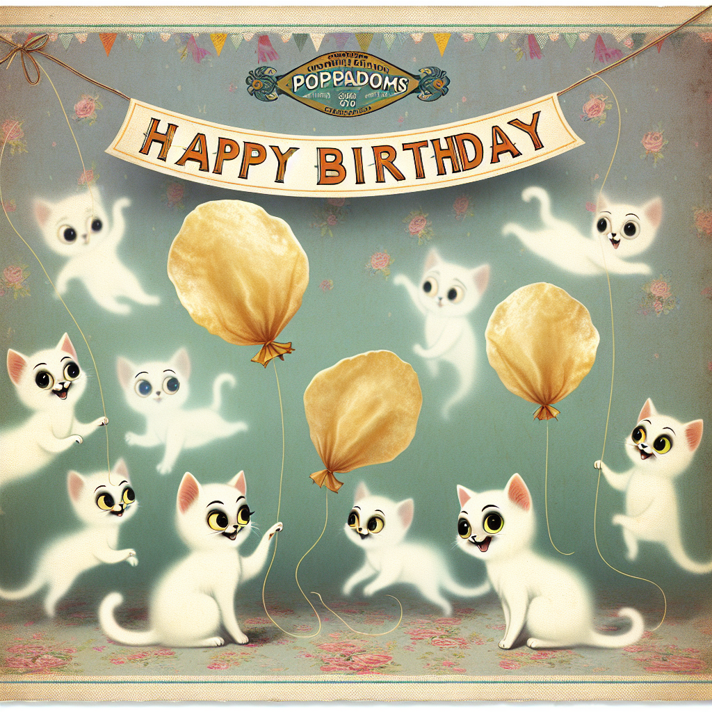 A whimsical birthdate image that showcases a gaggle of playful specter felines, mischief reflected in their ethereal eyes, as they amusingly bat at vintage-style poppadoms suspended in the air like balloons. These traditional Indian flatbreads float against a delicate pastel-colored background, providing a quaint contrast to the translucent ghostly cats. Stretched across the top is a retro-style banner, proudly announcing 'Happy Birthday' in a fun, quirky typeface. This scene culminates in a high-spirited and unprecedented festive atmosphere.
Generated with these themes: Ghosts cats vintage poppadoms .
Made with ❤️ by AI.
