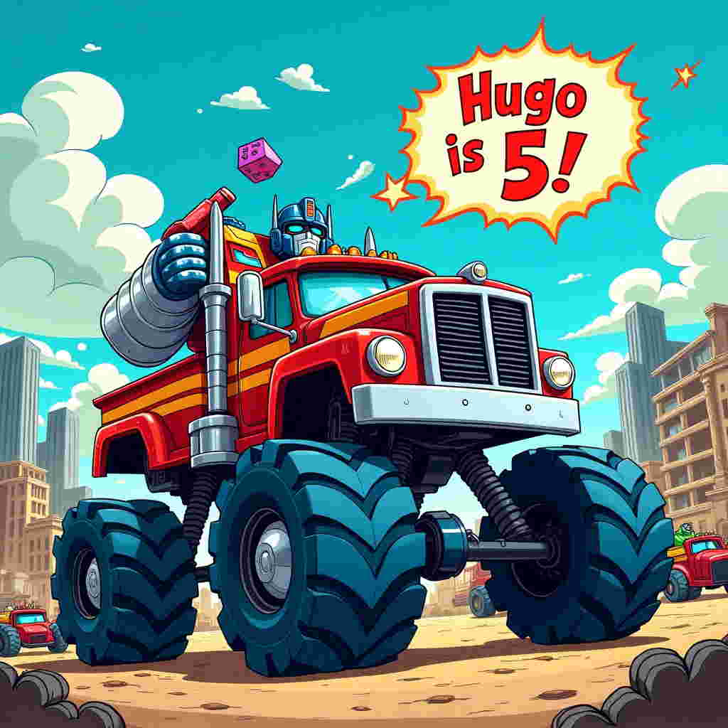 The front cover of this birthday greeting card bursts with an animated, cartoonish scene that features both Transformers and monster trucks in a dynamic and whimsical mashup. 

**Central Scene:**
- A gigantic, vibrant monster truck transforms halfway into a robot, its chassis splitting into metallic limbs. The truck's enormous wheels are now massive robotic fists, posed mid-transformation. 
- The truck-robot is painted in bright, eye-catching colors: vivid red, electric blue, and gleaming chrome accents that capture the light. Its front grill, transformed into a robot's face, sports an exaggerated, friendly grin with large, round eyes.

**Background Elements:**
- Behind the transforming truck, a bustling cityscape reminiscent of a futuristic cartoon metropolis features towering buildings and winding roads. Skyscrapers have playful, exaggerated curves and angles.
- The sky is a vibrant cerulean blue with fluffy, oversized clouds, and one cloud features the message "Hugo is 5!" in bold, playful lettering. Each letter is a different color of the rainbow, adding to the lively atmosphere.

**Supporting Details:**
- Other smaller monster trucks race around the cityscape, each painted in wild, clashing colors like neon green, hot pink, and sunny yellow, with cartoonishly large exhaust pipes spewing stylized puffs of smoke.
- Scattered throughout the scene are elements nodding to the Transformers universe: Energon cubes (in bright purple), gears, and bolts, some with exaggerated size and detail, adding layers of depth to the illustration.

**Art Style Inspiration:**
- The scene adopts the simplicity and clarity of Charles Schulz's line work, while the characters exhibit the exaggerated features and dynamic poses of Bill Watterson's creations.
- The transformation aspect of the truck draws from Osamu Tezuka’s love for mechanized, futuristic themes, incorporating playful robotic details with a splash of Hergé's clean lines and vibrant colors.

This cover captures a chaotic yet delightful blend of mechanics and humor, tailored to excite and amuse on a child's fifth birthday.
Generated with these themes: Transformers and monster trucks.
Made with ❤️ by AI.