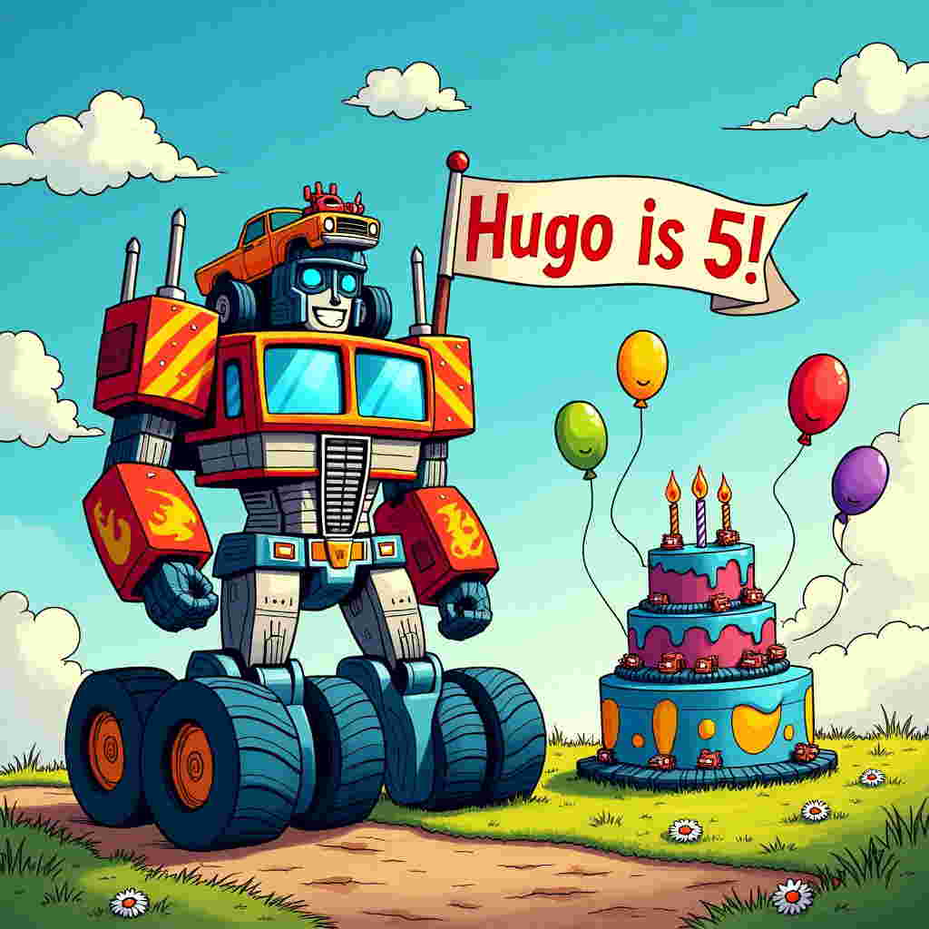 Front and center of this colorful birthday card illustration, picture a cartoon-style Transformer, blending elements from Charles Schulz's and Bill Watterson's aesthetics. The Transformer stands proudly with exaggerated features – a comically oversized head with bright blue metallic eyes and a smiling grill mouth. Its body, a chaotic mix of car parts, resembles a monster truck with vivid red, green, and yellow patches, reminiscent of Osamu Tezuka’s playful use of color.

Perched on the Transformer’s shoulder, a mini monster truck revs its tiny engines, a nod to Hergé’s clean, crisp line work, painted in a vibrant neon orange with flame decals that echo R. Crumb’s dynamic line style. The wheels are exaggeratedly large, like cartoonish balloons, capturing Gary Larson's humor.

In the backdrop, a whimsical landscape stretches out, inspired by the dreamy settings of Winsor McCay. The sky is a gradient of deep azure to a soft twilight pink, with clouds shaped like gears and cogs, spinning gently. Among the clouds, a banner flutters boldly, inscribed with "Hugo is 5!" in playful block letters, their colors alternating between electric blue and sunny yellow.

On the ground, a larger-than-life birthday cake towers beside the Transformer, three-tiered with layers of blue, green, and purple. Each tier is adorned with wheels instead of candles, illustrating a cheeky take on the theme, influenced by Art Spiegelman’s creativity. The cake sits on a grassy hill dotted with daisies and smiling bugs, reminiscent of a Disney animated landscape.

Around the scene, a collection of balloons shaped like miniature Transformers and monster trucks bob joyfully in the breeze, their shiny surfaces reflecting the colors of the scene. The ground is a patchwork of tracks and gears, drawn in the meticulous style of Will Eisner, grounding this fantastical celebration in playful realism.

This lively, detailed scene captures the exuberance of a child’s love for adventure and fantasy, ensuring Hugo’s birthday card is as memorable as his big day.
Generated with these themes: Transformers and monster trucks.
Made with ❤️ by AI.