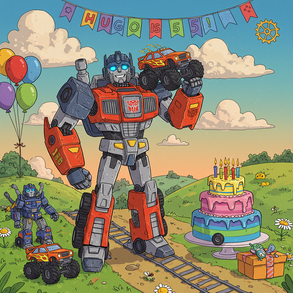 Front and center of this colorful birthday card illustration, picture a cartoon-style Transformer, blending elements from Charles Schulz's and Bill Watterson's aesthetics. The Transformer stands proudly with exaggerated features – a comically oversized head with bright blue metallic eyes and a smiling grill mouth. Its body, a chaotic mix of car parts, resembles a monster truck with vivid red, green, and yellow patches, reminiscent of Osamu Tezuka’s playful use of color.

Perched on the Transformer’s shoulder, a mini monster truck revs its tiny engines, a nod to Hergé’s clean, crisp line work, painted in a vibrant neon orange with flame decals that echo R. Crumb’s dynamic line style. The wheels are exaggeratedly large, like cartoonish balloons, capturing Gary Larson's humor.

In the backdrop, a whimsical landscape stretches out, inspired by the dreamy settings of Winsor McCay. The sky is a gradient of deep azure to a soft twilight pink, with clouds shaped like gears and cogs, spinning gently. Among the clouds, a banner flutters boldly, inscribed with "Hugo is 5!" in playful block letters, their colors alternating between electric blue and sunny yellow.

On the ground, a larger-than-life birthday cake towers beside the Transformer, three-tiered with layers of blue, green, and purple. Each tier is adorned with wheels instead of candles, illustrating a cheeky take on the theme, influenced by Art Spiegelman’s creativity. The cake sits on a grassy hill dotted with daisies and smiling bugs, reminiscent of a Disney animated landscape.

Around the scene, a collection of balloons shaped like miniature Transformers and monster trucks bob joyfully in the breeze, their shiny surfaces reflecting the colors of the scene. The ground is a patchwork of tracks and gears, drawn in the meticulous style of Will Eisner, grounding this fantastical celebration in playful realism.

This lively, detailed scene captures the exuberance of a child’s love for adventure and fantasy, ensuring Hugo’s birthday card is as memorable as his big day.
Generated with these themes: Transformers and monster trucks.
Made with ❤️ by AI.