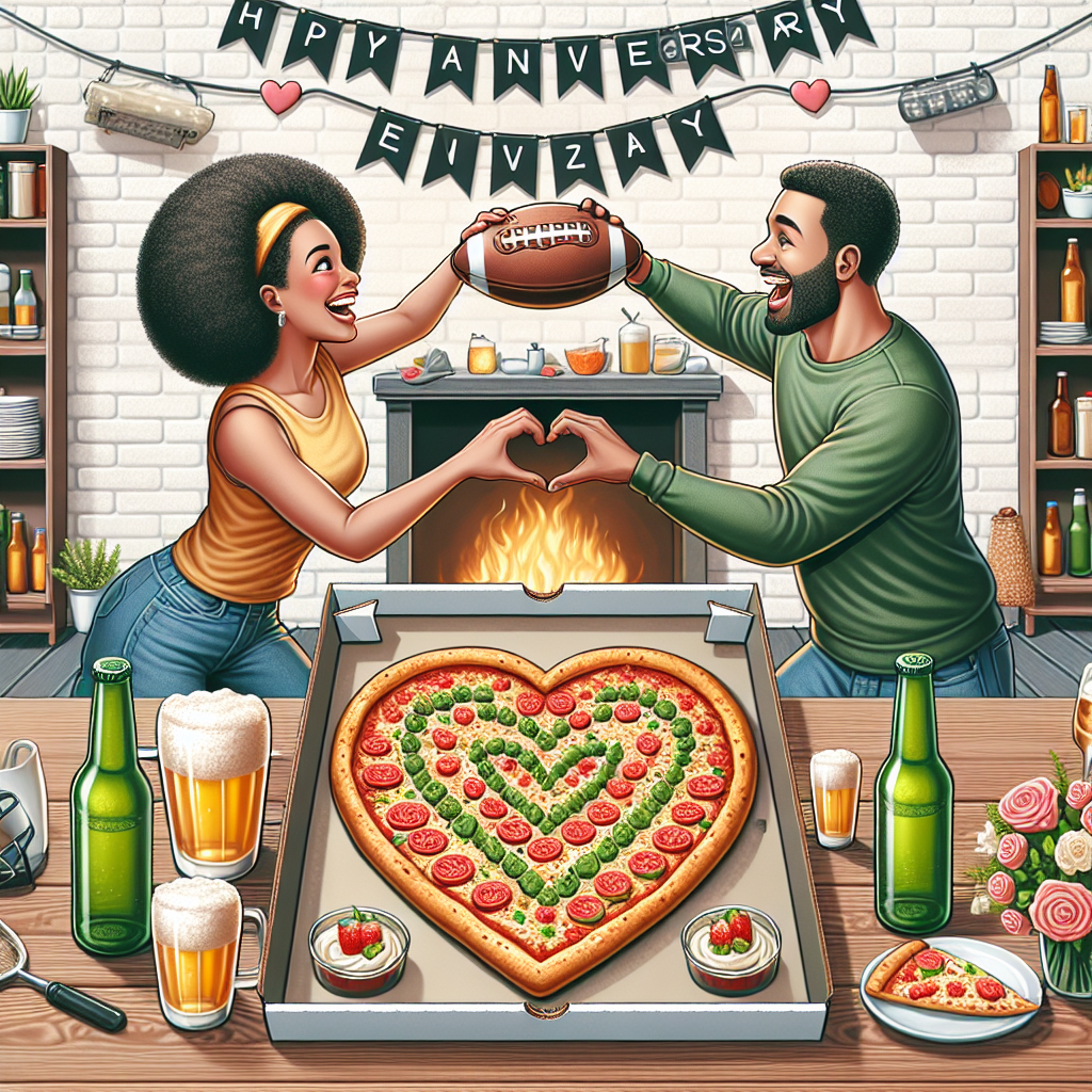 Depict a heartwarming scene in an appealing room with an anniversary banner across the wall. In the middle, a table is decorated with a pizza formed into two entwined hearts, adjoined by bottles of beer. Overhead, in a moment displaying their love and common interests, a Black woman and Middle-Eastern man joyfully play catch with a football.
Generated with these themes: Pizza, Beer, and Football.
Made with ❤️ by AI.