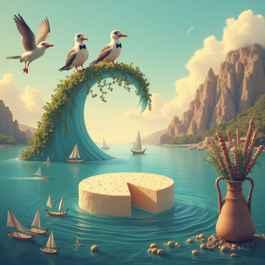 At the top of the Surreal Style image, include the text: **Happy anniversary babe**.

**Image Description:**

In the foreground, a giant feta cheese wheel floats serenely over the azure waters of the Ionian Sea, casting a whimsical shadow over a cluster of sailboats shaped like olives with tiny sails. 

Above, a pair of laughing seagulls in formal wear, complete with bow ties and monocles, ride on a surrealistic wave made of grapevines, arching gracefully across a sky tinted with hues of gold and lavender. 

The iconic cliffs of Corfu form an ethereal backdrop, with their peaks transformed into giant, whimsical scoops of tzatziki and hummus, oozing playfully under the warm, dreamlike sunlight. 

To the side, a large Greek amphora is metamorphosed into a vase holding a bouquet of dancing, anthropomorphic tzatziki-covered kebabs, their arms joyfully outstretched.

Below the scene, in a playful font, the caption reads: "It's feta together!"
Generated with these themes: Corfu greece , and .
Made with ❤️ by AI.