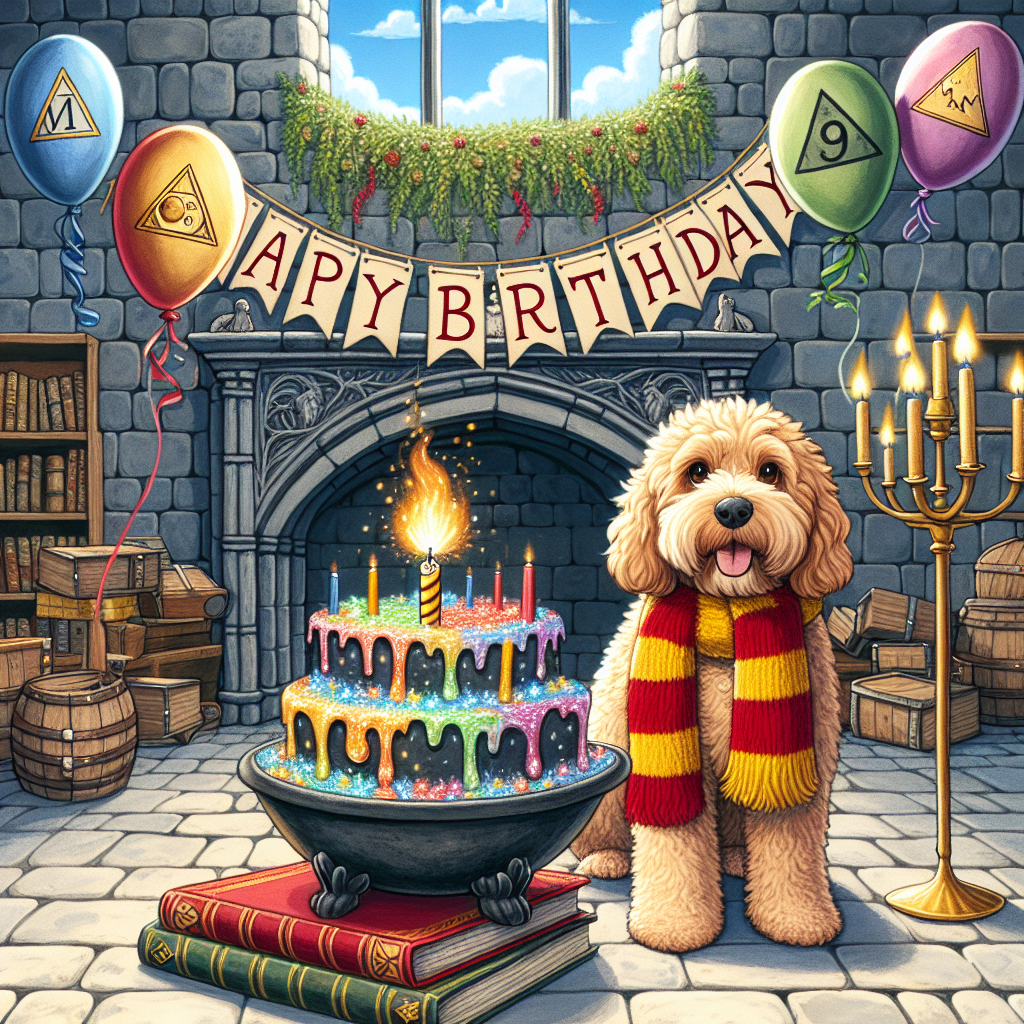 A fantastical birthday illustration showing a merry setting at a festively adorned age-old magic school. At the heart of the scene, a fluffy Cockapoo dog is wearing a red and yellow scarf, standing proudly next to a stack of magical tomes. Above, balloons with emblems signifying earth, water, fire and air elements float, while a 'Happy Birthday' banner is spread across the ancient stone walls. The cake presented is a mystical pot bubbling with a potion of multiple hues, crowned with a candle inspired by a golden, winged ball.
Generated with these themes: Harry Potter , and Cockapoo.
Made with ❤️ by AI.
