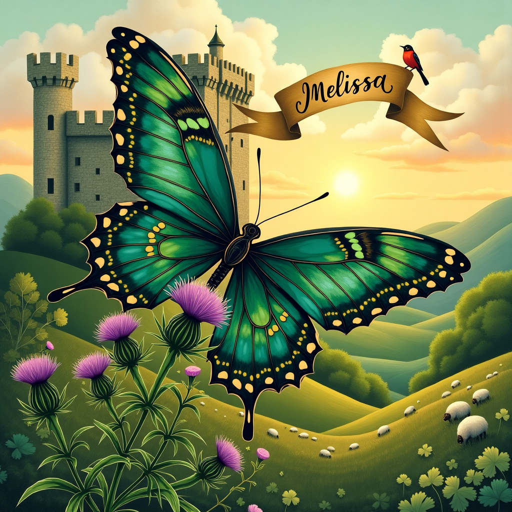 The front cover of the birthday greeting card is an enchanting, detailed illustration that blends whimsical elements with a dash of Irish charm. 

In the foreground, a magnificent dark green butterfly, its wings intricately patterned like stained glass windows, dominates the scene. Each wing boasts a rich mosaic of emerald and teal hues with tiny golden flecks that shimmer in the light. The butterfly is perched delicately atop a lush thistle plant, its spiky purple blossoms and jagged leaves rendered with careful attention to detail, as if lifted from an Arthur Rackham illustration.

Just behind the butterfly, the silhouette of a grand Irish castle rises majestically, evoking the stone texture and detailed turrets found in N.C. Wyeth's paintings. The castle is bathed in the golden light of an early sunset, its walls tinted with warm tones that contrast beautifully against the verdant surroundings. Ivy, depicted with a Beatrix Potter-like delicacy, climbs up the castle walls, intertwining with the stone and adding a layer of natural beauty to the architectural grandeur.

In the background, rolling Irish hills stretch into the distance, painted in various shades of green, from deep forest to lighter olive tones, reminiscent of Maxfield Parrish's vibrant landscapes. The horizon is dotted with tiny, fluffy white sheep, giving a nod to Quentin Blake's playful touch, while fluffy clouds drift lazily across the sky, their edges softly defined like those in a Norman Rockwell scene.

In the sky, amidst the clouds, a whimsical banner unfurls, its ends fluttering gently as though caught in a gentle breeze. The banner, illustrated with a Gustave Doré-like elegance, bears the name "Melissa" in an ornate, hand-drawn script, echoing the intricate linework of Aubrey Beardsley. This touch personalizes the scene, making it an inviting centerpiece for any birthday celebration.

Scattered throughout the scene are small, charming details: a lone robin perched on a castle turret, a delicate patch of shamrocks at the base of the thistle, and a distant silhouette of a tiny faerie, just barely visible against the castle's highest spire, adding a touch of Maurice Sendak's storytelling magic to the composition.
Generated with these themes: Dark green, Butterfly, Castle, Ireland, and Plants.
Made with ❤️ by AI.