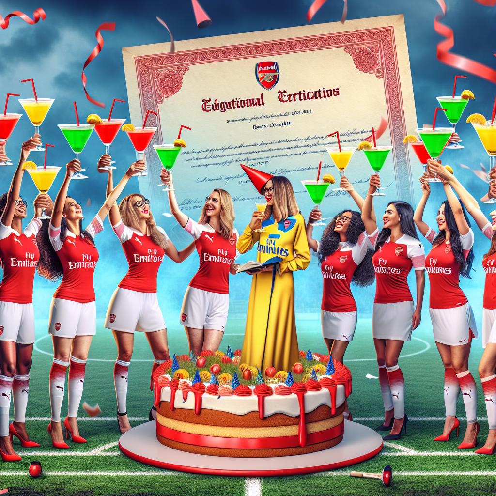 A second variation of an image illustrating a jubilant scenario where a diverse group of women are seen dressed in Arsenal football kits, raising their colorful cocktails in a toast. They stand on a football pitch, creatively modified to resemble a large birthday cake. In the backdrop, a significant degree certificate acts like a banner, thus reciprocating the ambient of educational triumph and zeal of sports.
Generated with these themes: Degree, Womens football , Arsenal football , and Cocktails.
Made with ❤️ by AI.