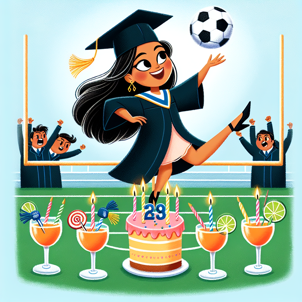 Create a whimsical birthday illustration showcasing a South Asian female graduate, wearing a cap and gown, effortlessly juggling a football with no logo. She's on a vibrant pitch that's part-cake with candles as goalposts. Cheering cocktail glasses along the sidelines toast to her success, sporting little scarves in a celebratory football theme and foam fingers.
Generated with these themes: Degree, Womens football , Arsenal football , and Cocktails.
Made with ❤️ by AI.