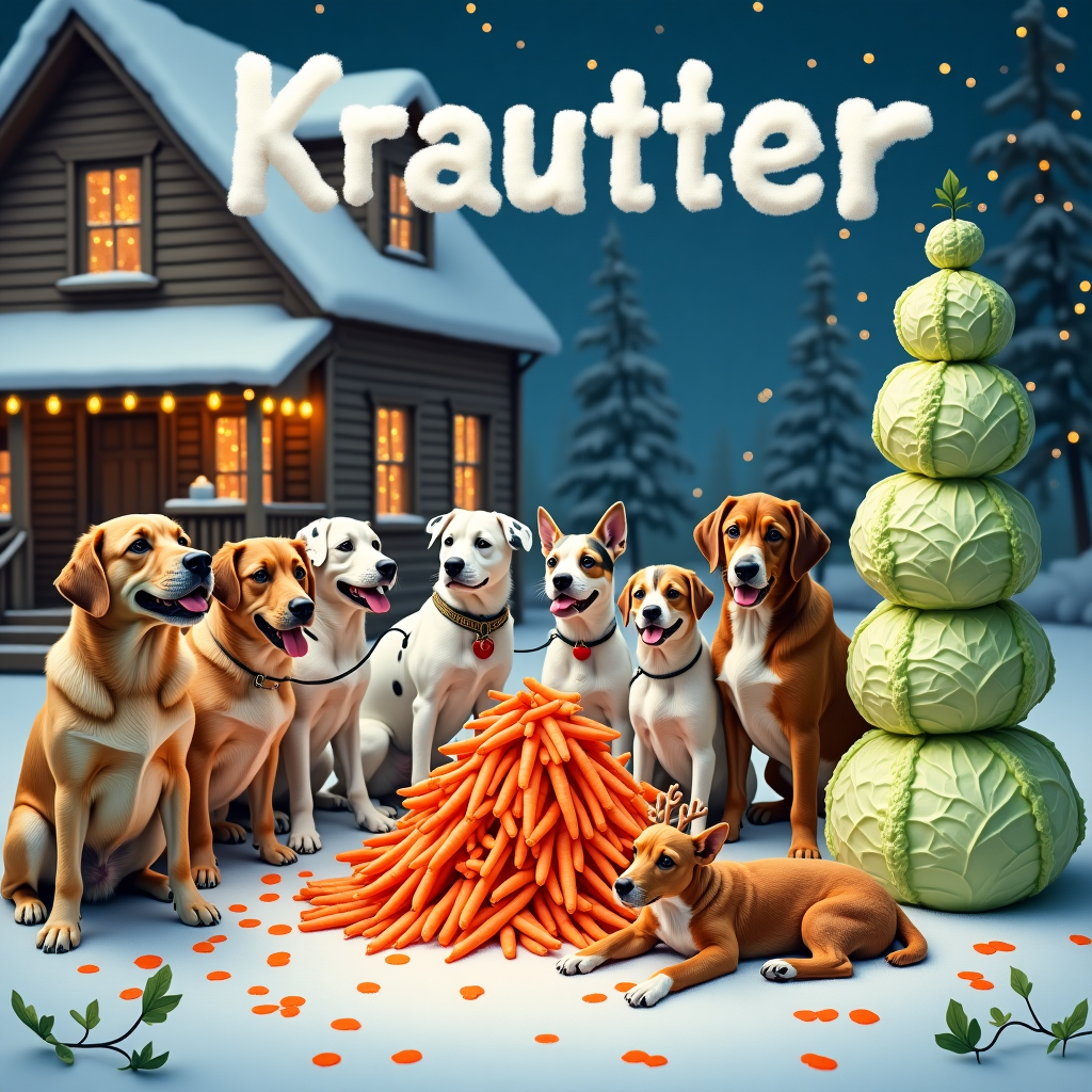 The scene is set in a whimsical snowy farmyard on Christmas Eve, where chaos has hilariously ensued. Eight mischievous dogs of varying breeds – including a Golden Retriever, a Pug, a Dalmatian, and a Chihuahua – are gathered in a semicircle around a heaping pile of bright orange carrots. Their faces are comically stuffed, with one particularly rotund Bulldog trying to balance a carrot on his nose. Amidst this canine carrot party, the dogs seem to have inadvertently disrupted Santa's plans by tangling themselves in a string of Christmas lights and inadvertently knocking over a display of festive cabbages stacked like snowmen. In the center of this quirky spectacle lies a plush reindeer toy, clearly the victim of playful antics, with stuffing humorously poking out.

The backdrop reveals a quaint farmhouse adorned with twinkling lights, casting a warm glow over the scene. In the sky above, the recipient's name, "Krauter," is cleverly written in fluffy cloud letters, as if the clouds themselves have come together to deliver a special holiday message. Scattered around the farmyard, small kitchen knives are humorously used as makeshift fence posts, each blade securely holding a sprig of mistletoe, adding a touch of irony to the scene. The dogs’ antics have inadvertently created a delightful mess, with bits of cabbage leaves scattered across the snowy ground like confetti, completing this uniquely entertaining and festive Christmas card front cover.
Generated with these themes: 8 dogs eating carrots and they've killed one of Santa's reindeer, Cabbage, Kitchen knives, Farming, and .
Made with ❤️ by AI.