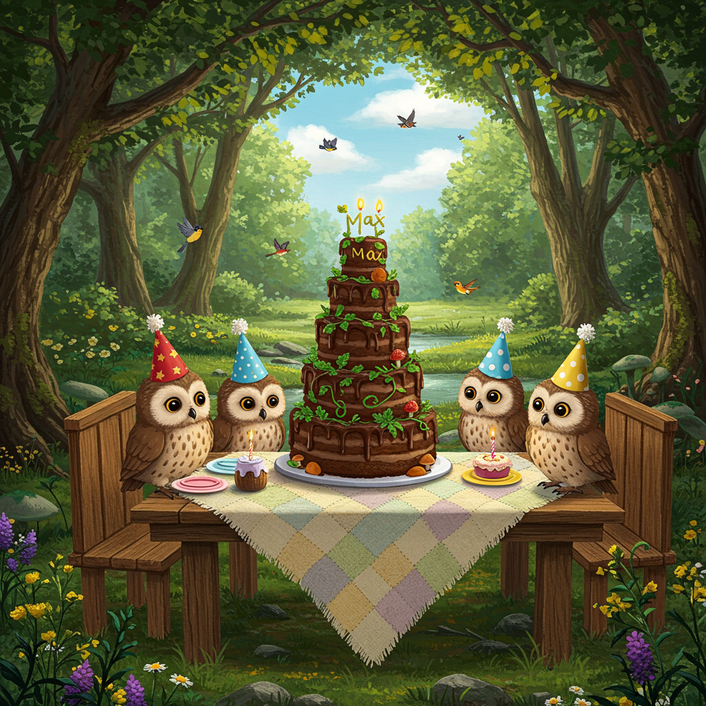 The scene unfolds in a whimsical woodland setting, perfect for a birthday celebration with little owls. Imagine a canopy of ancient, towering trees whose branches form a natural arch overhead, their leaves whispering with hints of emerald, jade, and chartreuse. Dappled sunlight filters through the foliage, casting intricate patterns on the forest floor.

Centered on a mossy clearing, a rustic wooden table is adorned with a hand-stitched, patchwork tablecloth in shades of soft sage, cream, and lavender. Perched around the table are a gathering of delightful little owls, each distinct with their intricate feather patterns and expressive, round eyes. They sport miniature party hats in vivid hues: one owl in cherry red with golden stars, another in sky blue with white polka dots, and a third in sunshine yellow with green stripes.

At the heart of the table is a multi-layered birthday cake, whimsically tall and adorned with forest-themed decorations. The cake is iced in layers of fern green and chocolate brown, crowned with edible leaves and sugar mushrooms. Spiraling around the cake, the icing spells out “Max” in an elegant, vine-like script.

In the background, a gentle stream trickles through the scene, its water a reflective silver-blue, harmonizing with the soft, earthy palette. Delicate wildflowers punctuate the edges of the stream, with pops of violet, buttercup, and daisy white.

Above, the sky peeks through the treetops in streaks of cerulean and azure, dotted with fluffy, cotton-white clouds. Playful birds, rendered in fine detail, flit about, lending an air of festivity to the scene.

This birthday woodland scene invites the viewer to step into a fairy-tale moment, celebrating with the little owls in a setting filled with nature’s enchanting details.
Generated with these themes: little owls in the woods.
Made with ❤️ by AI.
