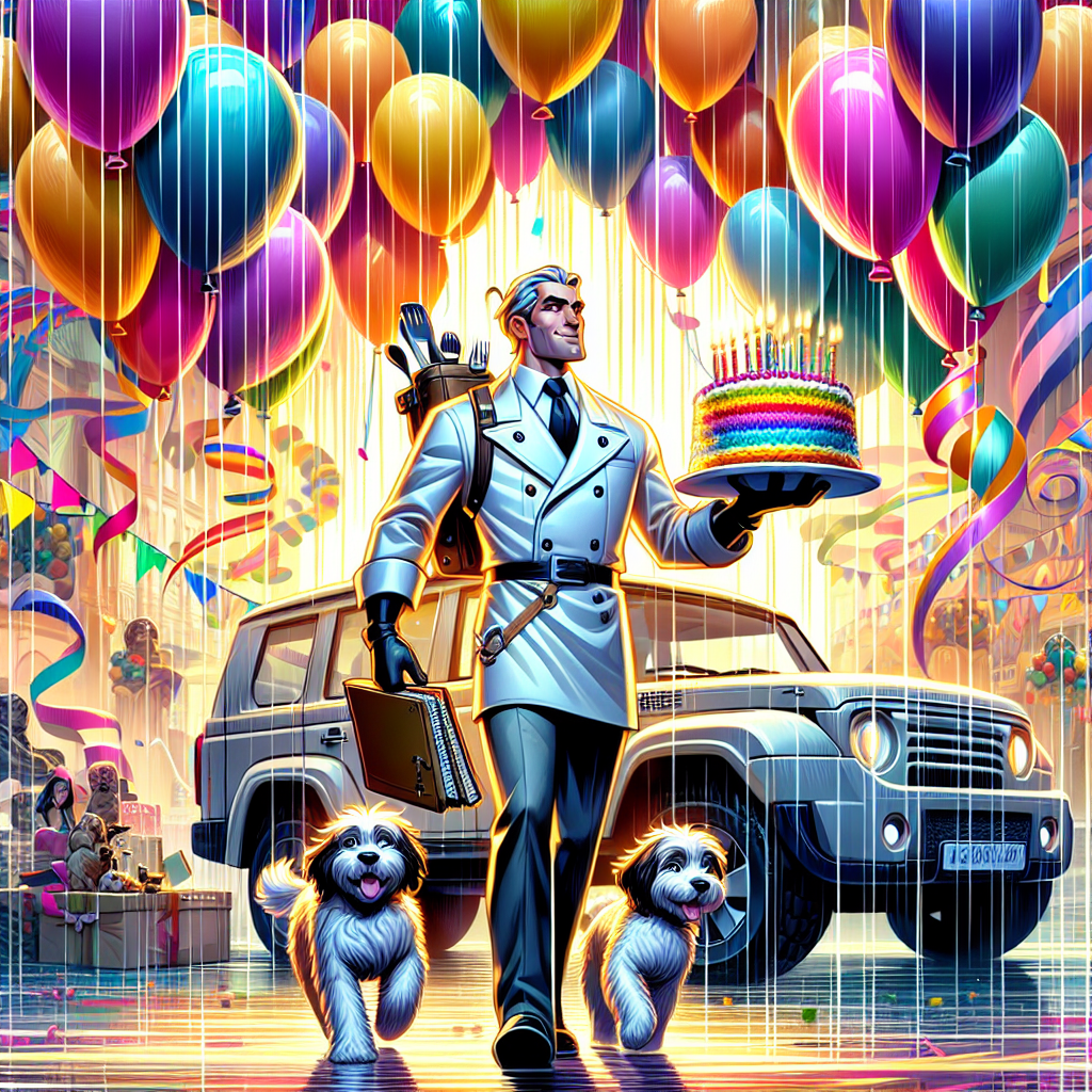 Envision an appealing animated landscape filled with radiant balloons and ribbons evoking a joyous birthday ambiance. In the heart of the scene, a jubilant character, a Caucasian male exuding a passion for culinary arts, proudly marches, leading two winsome dogs—a speckled one and a fluffy, white one. Their tails flutter in joy, complementing the festivity of the day. A compact chef's hat and an apron teeming with cooking utensils identify the character's love for cooking. A notepad peeks from his pocket subtly indicating his profession as an International Wedding Planner. On the margins of the scene, a stylized generic sports utility vehicle stands, its sleek form infusing an element of elegance. The image, drenched in vivid yet balanced colors, symbolizes an amalgamation of warmth, fervor, and professional aspiration, all under the umbrella of birthday merriment.
Generated with these themes: Walking 2 dogs, Love for cook whilst working as an Internation Wedding planner, range rover Evoque, creative design.
Made with ❤️ by AI.