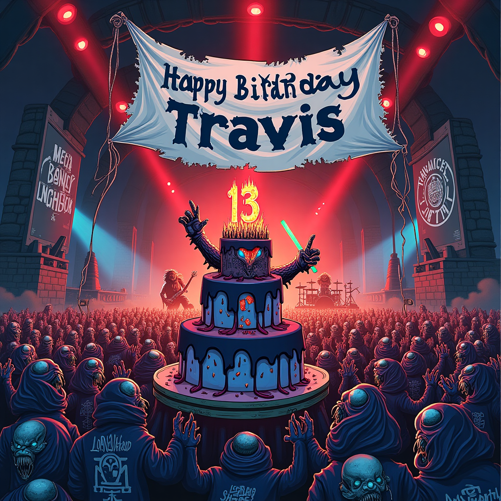 In this vibrant and humorous hand-drawn birthday scene, the world of Warhammer's Tyranids collides with a heavy metal concert featuring Slipknot. Imagine a bustling concert arena, filled with Tyranids dressed in band t-shirts and holding glow sticks, raising their clawed appendages in a rock-on gesture. 

In the foreground, center stage, there is a large, fantastical cake, decked in deep purples and midnight blacks with red piping details, echoing the gothic vibes of the concert. Atop the cake, perched like a gleeful conqueror, is a monstrous Tyranid holding a cake topper that boldly displays the number "13" in fiery orange flames. 

Suspended above the crowd, a grand banner unfurls, its tattered edges flapping in the imaginary wind, with bold gothic script that reads "Happy Birthday Travis" in electric blue. The word "Travis" appears again in graffiti-style lettering, scrawled across the side of a speaker on stage, blending into the concert's edgy vibe.

The background is a swirl of activity, with a stylized Slipknot band performing under intense, swirling stage lights of red and white. The band members are abstracted but recognizable with their distinct masks, rendered in a slightly exaggerated, cartoonish fashion. 

Surrounding the arena are oversized posters of Machine Head, Lorna Shore, and Amon Amarth, plastered on stone-like walls, their graphics vivid and larger-than-life, each using a palette of moody blues, fiery reds, and metallic silvers to capture the bands' distinctive logos and imagery.

The scene brims with details: an intricate tapestry of coiling wires and instruments litter the stage, and the audience—more Tyranids—are decked out in eclectic costumes, some with oversized headphones, others with band merch, and all illustrated with meticulous attention to their alien anatomy. The concert’s energy is palpable, captured through dynamic, swirling lines reminiscent of Beardsley’s intricate patterns and Blake’s spirited sketches. 

The entire composition is unified in a slightly fantastical, yet grounded color palette of deep purples, inky blacks, and vivid metallics, paying homage to the atmospheric storytelling of Rackham and Parrish, while maintaining the humor and whimsy found in Sendak's work.
Generated with these themes: Warhammer Tyranids at a concert, watching the band Slipknot. There are posters for the band Machine Head. There are posters for the band Lorna Shore. There are posters for the band Amon Amarth. There is a big cake with the number 13 on top, and There is a banner that says Happy Birthday Travis.
Made with ❤️ by AI.