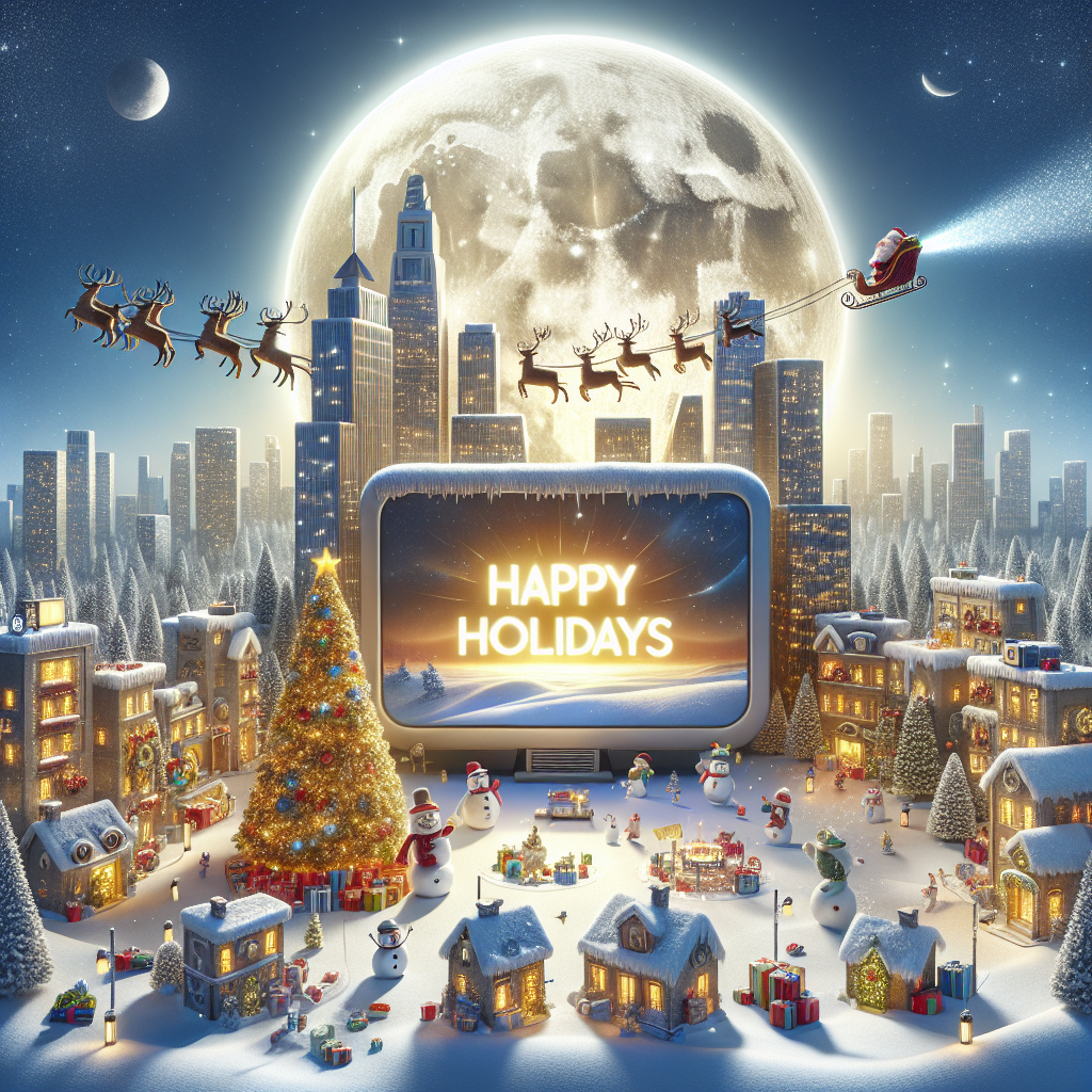 An amusing Christmas tableau unfolds in Media City, Salford, where the moonlight reflects off a fresh layer of snow. A large screen TV steals the scene, glowing with the message 'Happy Holidays' and casting light on the festive surroundings, including a handsomely trimmed Christmas tree, shiny decorations, and a pile of gifts. Santa's sleigh flies above, while a group of snowmen and reindeer engage in festive antics, all under the watchful eye of the chuckling 'King of Sunshine'.
Generated with these themes: Media city, Salford , Santa’s sleigh , Big screen TV, Christmas tree , Christmas decorations , Gifts, Reindeer, Snowmen , Moonlight , Snow, and King Of Sunshine.
Made with ❤️ by AI.