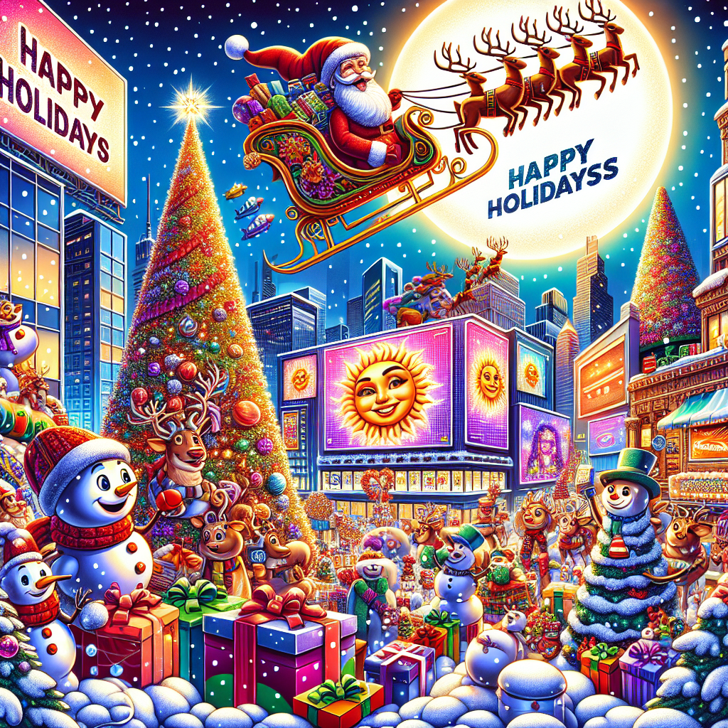 A vibrant Christmas illustration set in Media City, Salford, featuring Santa's sleigh soaring across the moonlit sky. Beneath, a sizeable outdoor TV screen flashes 'Happy Holidays' amidst a bustling scene of snowmen, a gleaming Christmas tree, and festive decorations. Playful reindeer are tangled in a pile of colorful gifts, and the humorous 'King of Sunshine' character warms the snowy landscape with his radiant smile.
Generated with these themes: Media city, Salford , Santa’s sleigh , Big screen TV, Christmas tree , Christmas decorations , Gifts, Reindeer, Snowmen , Moonlight , Snow, and King Of Sunshine.
Made with ❤️ by AI.