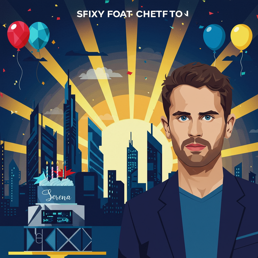 Create a vibrant and playful birthday card design, using a clean vector style with flat shapes and crisp lines. The scene is set in a futuristic cityscape, reminiscent of the world of "Divergent" with Theo James' likeness subtly integrated into the scene.

**Foreground:**
1. **Birthday Cake:** Place a towering, futuristic birthday cake in the lower-left corner. The cake should have three layers with angular, geometric patterns and digital-like textures in shades of metallic silver, deep navy blue, and rich gold. A small banner with "Serena" in sleek, modern lettering is wrapped around the top layer.
   
2. **Theo James Figure:** In the center-right foreground, depict a stylized, abstract representation of Theo James. Use simple, angular lines to suggest his signature look—tousled hair, sharp jawline, and a confident posture. His outfit is a minimalist suit in shades of charcoal gray with subtle blue accents.

**Background:**
1. **Cityscape:** Extend a skyline of futuristic skyscrapers in the background. Utilize sharp, angular designs with variations in height. Color the buildings in gradients of midnight blue, deep teal, and subtle silver accents, giving them a metallic sheen.

2. **Sky Elements:** In the upper portion, illustrate a dynamic, abstract sunburst design. Use concentric circles in vibrant yellows and oranges, with radial lines emanating outward. This should convey an impression of energy and celebration.

3. **Decorative Details:** Add a few floating geometric balloons in the sky, with flat colors of bright red, electric blue, and vivid yellow. These should have sharp, clean outlines and be interspersed amongst the sunburst.

**Color Palette:**
- **Primary Colors:** Midnight Blue, Charcoal Gray, Deep Navy Blue
- **Accent Colors:** Metallic Silver, Rich Gold, Electric Blue, Bright Red, Vivid Yellow

The design should be flat and crisp, using solid colors without gradients, except where specified, to maintain a modern, clean look reminiscent of the artists and movements mentioned.
Generated with these themes: Divergent Theo james.
Made with ❤️ by AI.