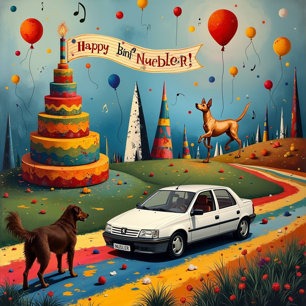 In the foreground of this surreal, abstract birthday scene, you'll see a white Peugeot 607 parked on an undulating, multicolored pathway inspired by the geometric lines of Piet Mondrian. The car's windows are rolled down, and music notes reminiscent of Kandinsky’s dynamic compositions float out, twisting and twirling in mid-air. 

To the left of the Peugeot, there's a large, whimsical birthday cake constructed from splashes of paint à la Jackson Pollock. The cake layers seem to defy gravity, stacked in an uneven, yet harmonious balance, with the name "Nudler" spelled out in colorful icing that morphs into the surrounding Pollock-style splatters.

In the middle ground, a brown long-haired dog and a small black-and-white cute dog frolic together on a Rothko-inspired grassy hill, their fur blending into abstract, layered fields of vibrant colors. The dogs' playfulness is captured with de Kooning-esque brushstrokes, adding an energetic dynamism to their forms.

Hovering above, in a sky painted with Joan Miró's whimsical shapes, is a festive "Happy Birthday Nudler!" banner. The banner itself is an eclectic mix of Cy Twombly’s scribbles and Agnes Martin’s precise lines, creating an elegant yet chaotic birthday message. 

Scattered throughout the scene are party elements: floating balloons with Malevich’s Suprematist squares, streamers that twist and turn like Twombly’s lines, and confetti that appears as spontaneous bursts of Richter’s bold, yet controlled, splashes of color. 

In the background, abstract figures resembling those from Miró's dreamscapes dance to the music, celebrating Nudler’s birthday in a surreal, harmonious blend of colors, lines, and shapes. The entire scene is a lively, vibrant cacophony of artistic styles seamlessly integrated to celebrate the joyous occasion.
Generated with these themes: Cake, Brown long haired dog, Black and white small cute dog, Music, Party, and White peugeot 607 car.
Made with ❤️ by AI.