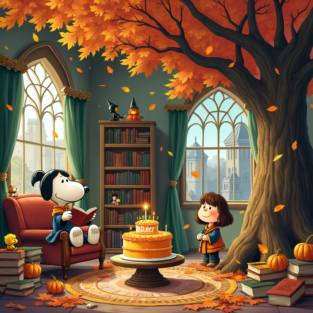 In a whimsical Autumn setting within the Hogwarts grounds, Kam's birthday adventure unfolds. Picture a cozy corner of the Hogwarts library, nestled among towering, enchanted trees with vibrant, falling leaves in hues of amber, crimson, and gold. The scene is bustling with magical details: Hermione Granger is perched on a stack of oversized spell books, animatedly reading aloud from "Hogwarts: A History" to a group of enthralled students. Nearby, Harry Potter is levitating an enormous pumpkin-shaped cake decorated with orange frosting and sprinkled with edible golden snitches, with the words "Happy Birthday, Kam!" scripted in swirling, glittering green icing on the top.

In the background, the enchanted ceiling of the library shows a serene Autumn sky with clouds subtly forming the letters "Kam" as they drift lazily across. Meanwhile, under a majestic, enchanted tree with leaves that glisten like tiny jewels, a whimsical scene unfolds: a life-sized Peanuts-style Snoopy, dressed in Gryffindor robes, is lounging against the tree trunk with a wizarding book in paw, while Woodstock flutters about wearing a tiny witch's hat.

To add a dash of quirky humor inspired by The Far Side, Hagrid can be seen in the distance, attempting to wrangle a runaway hippogriff that's playfully snatching leaves out of the air. Off to the side, in a nod to Calvin and Hobbes, Luna Lovegood and a mischievous Calvin can be seen having an animated conversation about Nargles, with Hobbes sneaking up behind Luna, holding a leaf blower aimed at a pile of enchanted leaves.

Tintin and Snowy make a cameo appearance, curiously exploring a nearby bookshelf labeled "Restricted Section," while a Manga-inspired Hermione has animated, wide-eyed wonder as she pulls out an ancient, glowing tome. Hidden among the leaves, a tiny, charmingly illustrated birthday card that reads "For Kam" peeks out, an Easter egg for Kam to discover.

The scene is bustling with life, humor, and magic, ensuring Kam's birthday is one filled with the enchanting charm and adventure only a Harry Potter-themed Autumn day at Hogwarts can bring.
Generated with these themes: Autumn , Reading , Harry Potter , and Female .
Made with ❤️ by AI.
