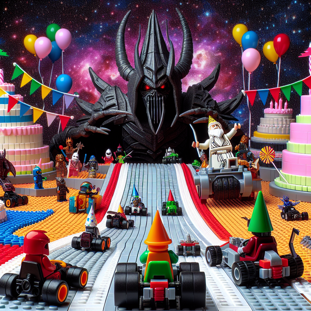 A humorous birthday-themed picture displays an epic car racing event taking place in a galaxy built from interlocking plastic construction blocks. Excited party attendees, made up of small figurines from an intergalactic saga made of construction blocks, cluster around a track winding upwards along a grandly built birthday cake. A heroic monastic knight figurine and a menacing horned alien antagonist figurine are equal competitors in their tiny racing vehicles, with the alien's cape billowing dramatically as they speed towards a finish line draped with pennants and birthday balloons.
Generated with these themes: Lego, Star wars , and Formula 1.
Made with ❤️ by AI.