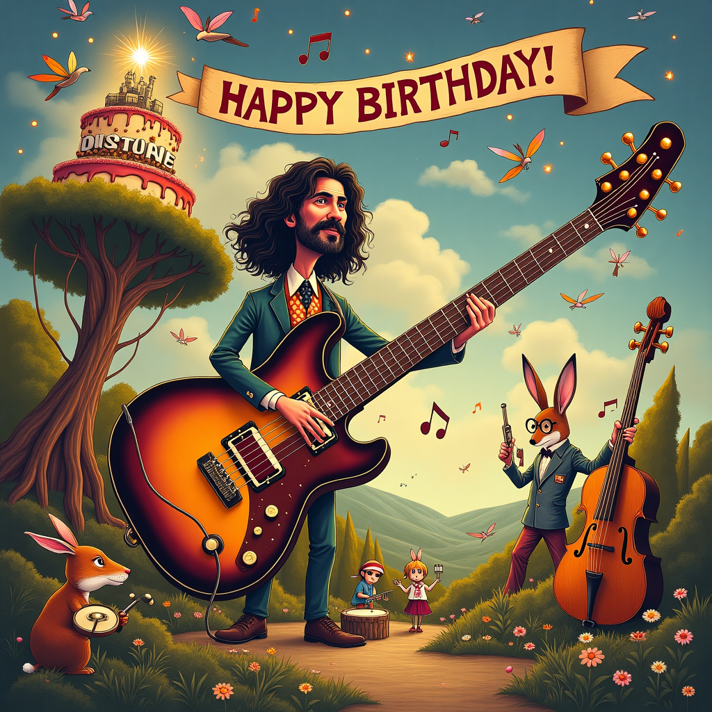 In a whimsical birthday greeting card illustration, imagine a bustling, surreal landscape reminiscent of a stage set designed by a dreamer with an eye for the extraordinary. At the center, we find Frank Zappa, depicted as a caricatured cartoon version of himself, perched atop a giant, comically exaggerated electric guitar, strumming it with his characteristic flair. The guitar is so immense it doubles as a whimsical mode of transportation, its neck extending into the clouds, dotted with oversized, iridescent musical notes that float like balloons. The scene is set in a fantastical garden where musical instruments sprout like plants; trumpets bloom from the ground, and cymbals hang from tree branches, clinking softly in the breeze. 

Nearby, a band of quirky animal musicians, inspired by Beatrix Potter's anthropomorphic charm, accompanies Zappa. A rabbit wearing round spectacles beats on a set of drums made from hollowed-out tree stumps, while a fox, elegantly dressed in a bowtie and waistcoat, plucks the strings of a double bass fashioned from an old oak tree. Overhead, a swarm of tiny, mischievous fairies—each holding a tiny kazoo—darts through the air, adding a touch of whimsy to the scene.

The sky above is a swirling canvas of Maxfield Parrish-inspired clouds in deep hues of purple and orange, casting a magical glow over the gathering. A fantastical, oversized birthday cake, adorned with sparklers and perched precariously on the headstock of the guitar, looms in the background. The cake is so grand it seems a creation out of Maurice Sendak's wildest dreams, with fantastical frosting sculptures of dragons and knights. A banner strung between two trees reads "Happy Birthday!" in bold, playful letters, each word carried by a different species of brightly-colored bird. This imaginative tableau captures the eccentricity and musical genius of Frank Zappa, blending it seamlessly with the celebratory spirit of a birthday in a world where the impossible feels entirely possible.
Generated with these themes: Frank Zapper, and Guitar .
Made with ❤️ by AI.