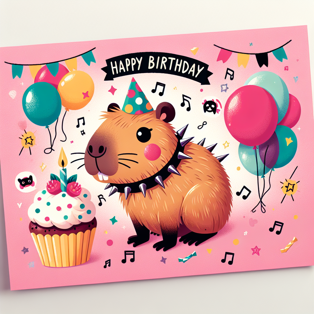 Create an illustration of a vibrant birthday card. This card should feature an adorable capybara wearing a pop punk spiked collar and a cute birthday hat. The capybara is surrounded by festive balloons and cupcakes. Each of these elements is adorned with playful representations of punk band symbols. Whimsical music notes are floating around the character, giving off the ambiance of a lively pop punk birthday melody.
Generated with these themes: Capybara, pop punk.
Made with ❤️ by AI.