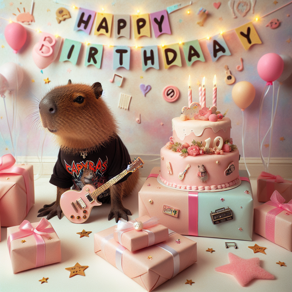Imagine an atmospheric birthday setting with a charming capybara at its heart, dressed in a pink punk-themed band t-shirt. The capybara is nestling among beautifully wrapped presents and a birthday cake adorned with a tiny guitar at the top. The backdrop is embellished with pastel-colored graffiti-style words spelling out 'Happy Birthday' and is ornamented with small stars and musical symbols scattered throughout the scene.
Generated with these themes: Capybara, pop punk.
Made with ❤️ by AI.