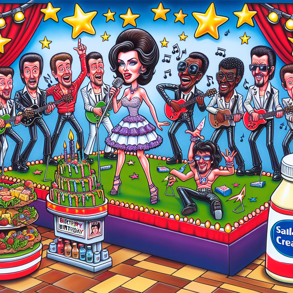 In this vibrant cartoon birthday setting, a distinctive character wearing a party dress stands out, surrounded by caricatures of a popular all-male band, all of whom are depicted as singing a birthday song. Prominent female singers' caricatures add excitement, demonstrating dance moves around the scene. Surreally, bottles of salad cream are part of an imaginative food stand. The scene is completed with a performance area peppered with stars, where a caricature of a female solo singer, known for her hit songs, takes center stage, serenading the birthday celebrant.
Generated with these themes: Groovy Chick, Blue boyband, Spice girls, Salad cream, and Beyonce.
Made with ❤️ by AI.