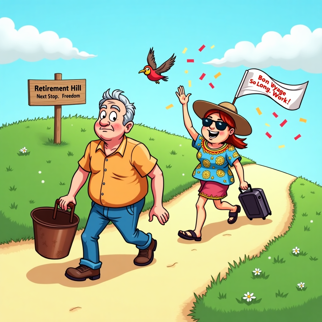 Jack and Jill walking up the hill to fetch a pale of water. Jill is looking happy to be retiring. Farewell Card