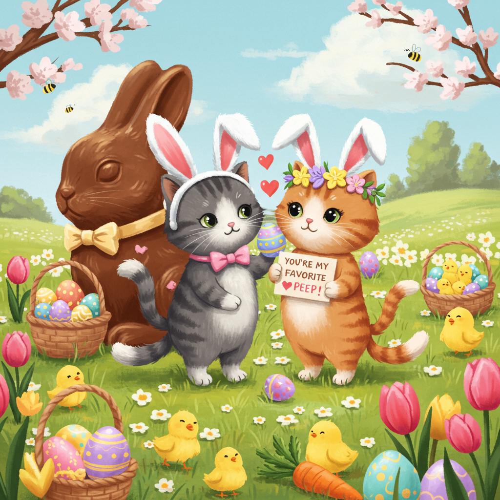**Image Prompt:**

At the top of the illustration image, write: *Hoppy Easter, Mark — You’ve bunny-napped my heart!*

Illustrate two adorable cartoon-style cats deeply in love, both wearing oversized fluffy bunny ears — the male cat in a bow tie and the female in a flower crown made of mini pastel eggs. They're cuddling in a blooming spring meadow filled with painted Easter eggs and tulips. Behind them is a giant chocolate bunny they've clearly tried nibbling on together, with funny bite marks.

The female cat is gently booping the male cat’s nose with a painted Easter egg, while he holds a sign in his paw that says “You’re my favorite peep.” Their tails are intertwined into a heart shape.

The background should have soft, sunny skies, Easter baskets in the grass, and little chick friends peeking curiously from the flowers.

Add plenty of humorous romantic Easter elements: maybe a "Love Carrot" lying in the grass, heart-shaped egg patterns, and tiny bees buzzing in the shape of hearts. Let it feel like the fluffiest, most romantic Easter ever—with a whiskered twist!
Generated with these themes: Put romantic message on it. Two cats in love wearing bunny ears for Easter. One cat is male, the other one is female. Show that these cats are really in love and romantic. Easter date. .
Made with ❤️ by AI.