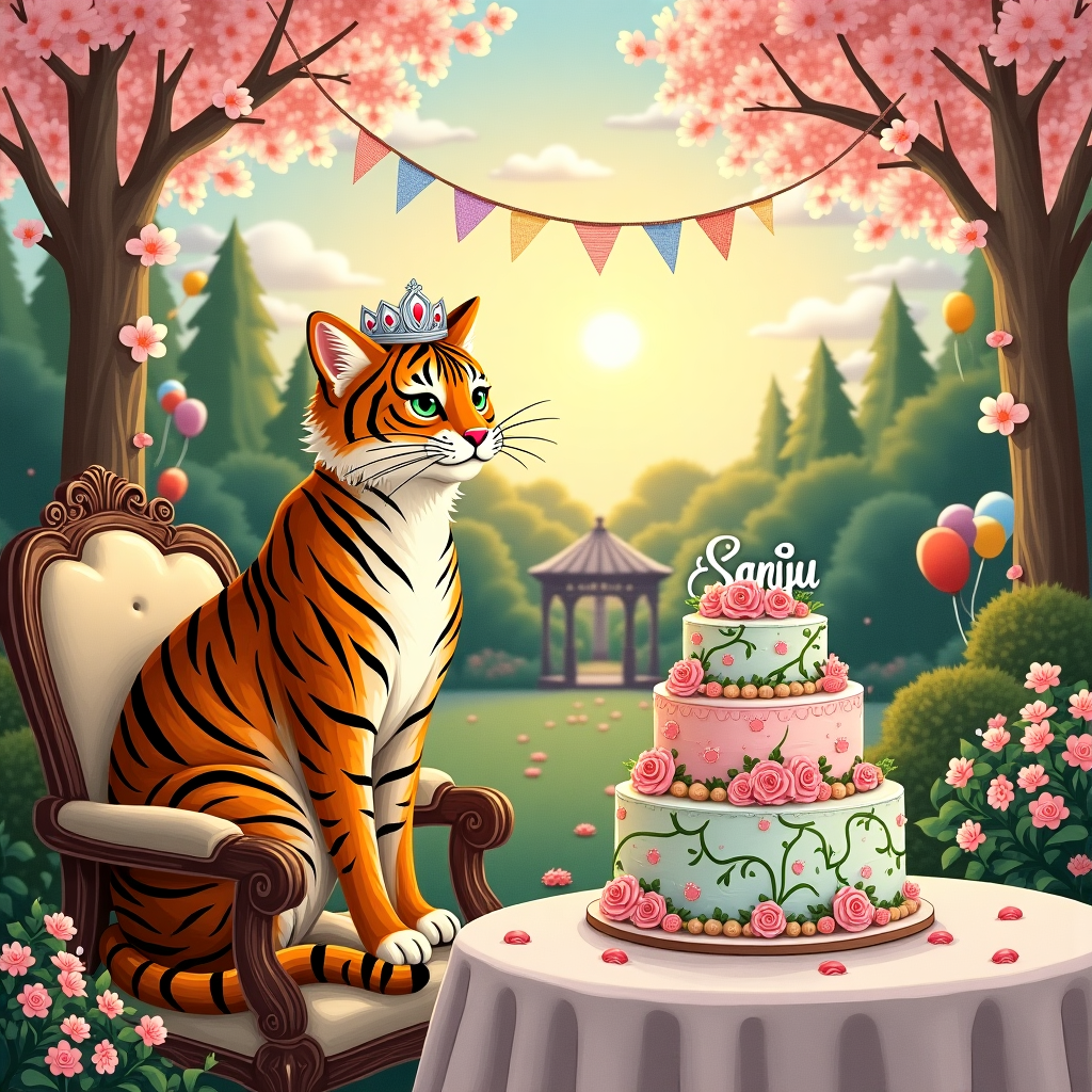 In this hand-drawn birthday card illustration, picture a lively garden scene bathed in the golden light of a late afternoon. The style should draw inspiration from the detailed line work of Aubrey Beardsley and the whimsical charm of Beatrix Potter.

**Foreground:**
In the center of the scene, a regal tiger cat sits majestically on a cushioned, ornate wicker chair. Its fur is a mesmerizing tapestry of rich orange and black stripes, with white accents around the paws and face. The cat's emerald green eyes are captivating, and its tail curls gracefully over the armrest. A delicate silver crown with tiny rubies adorns its head, signifying its special role in the celebration.

**Midground:**
A circular table in front of the cat is laden with an elaborate birthday cake, towering with three tiers. The cake is decorated with pastel-colored icing in swirls of lavender, mint green, and soft pink, adorned with sugar-crafted flowers and vines. Atop the cake, the name "Sanju" is elegantly written in flowing script, crafted from icing that resembles spun sugar, shimmering like opals in the sunlight.

**Background:**
The garden is lush and vibrant, with tall, whispering trees framing the scene. Their branches are laden with clusters of pale pink cherry blossoms, petals gently drifting to the ground. In the distance, a delicate wrought-iron gazebo is visible, entwined with climbing roses in full bloom, their hues ranging from deep crimson to blush pink.

Scattered around the garden are colorful party decorations: strings of bunting in cheerful blues, yellows, and reds flutter in the gentle breeze, while clusters of balloons in matching colors bob lightly, tethered to small, ornate weights.

**Sky:**
The sky is a canvas of soft, watercolor-like pastels—pinks, oranges, and purples blend seamlessly as the sun begins its descent. Wispy clouds float lazily, illuminated by the waning sunlight, casting a gentle glow over the entire scene.

This picturesque, detailed illustration captures the essence of a joyful celebration, with each element meticulously rendered to create a visually captivating and harmonious birthday greeting card cover.
Generated with these themes: Tiger cat.
Made with ❤️ by AI.