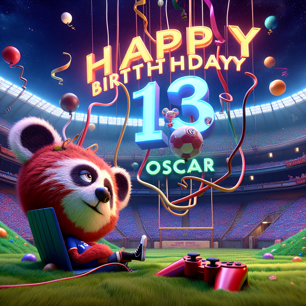 Envision a dreamlike cartoon landscape for a 13th birthday celebration teeming with surreal elements. The grounds transitions to a soft, grassy texture, possessing the likeness of a renowned football stadium, displaying its unique crest. A towering banner proclaims 'HAPPY 13TH BIRTHDAY OSCAR', each letter animated and pulsating with bright, neon colors. A whimsical red panda, with oversized, soulful eyes, sports the team colors while lounging on a gravity-defying game console, its plump cables twisting into a star-filled sky akin to a Post-Impressionist painting. The scene strikes a balance between the familiar and the uncanny, opening up the celebration to all in its joyful impossibility.
Generated with these themes: NAPOLI FC, HAPPY 13TH BIRTHDAY OSCAR, RED PANDA, and PS5.
Made with ❤️ by AI.