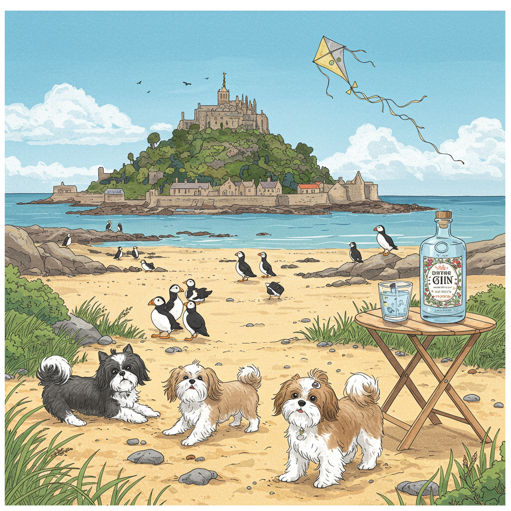 **Front Cover Concept for Anniversary Greeting Card:**

The scene is set along a serene and enchanting seaside, dominated by the iconic silhouette of St Michael’s Mount in the distance, with its majestic castle-like structure perched atop a lush, verdant hill that seems to rise right out of the shimmering blue waters. The castle's towers and turrets are beautifully detailed, and the hill is adorned with a mixture of rich green foliage and rocky outcrops, painted in the muted, textured style reminiscent of Arthur Rackham.

In the foreground, we see the sandy beach with its natural golden hues, sprinkled with small, smooth pebbles and tufts of beach grass swaying gently in the sea breeze. Two tan and white Shih Tzu dogs frolic playfully on the shore. Their long, silky fur is drawn with meticulous detail, capturing each strand as it catches the light. Nearby, a black and white Shih Tzu dog lounges on the sand, its expressive eyes gazing out towards the water.

Scattered across the shoreline are puffins, their striking black and white plumage and colorful orange beaks sharply outlined against the soft blues and greens of the seaside scene. Some puffins are perched on rocks, while others waddle curiously around the Shih Tzus, their forms whimsically illustrated in a style reminiscent of Beatrix Potter’s animal depictions.

In the sky above, a bright azure expanse, dotted with wispy white clouds, provides a backdrop for a single small banner fluttering from a kite, on which the name "Peter" is elegantly inscribed in a whimsical, swirling script that echoes the illustrative style of Quentin Blake.

To the side, on a small folding wooden table set against the beach’s edge, a meticulously detailed bottle of gin stands, its label ornately designed with floral motifs in the spirit of Aubrey Beardsley's intricate linework. Next to it, a crystal-clear glass of gin and tonic, complete with ice cubes and a slice of lime, glistens invitingly in the sunlight, echoing the lavish, detailed realism found in the works of Norman Rockwell.

The overall composition is rich with detail and movement, with every element drawn in a style that balances the charming whimsy of Maurice Sendak with the lush, dreamlike quality of Maxfield Parrish, creating a timeless scene of joy and tranquility.
Generated with these themes: Seaside scene with st michael’s mount, 2 tan and white shih tzu dogs, 1 black and white shih tzu dog, Puffins, and Gin and tonic .
Made with ❤️ by AI.