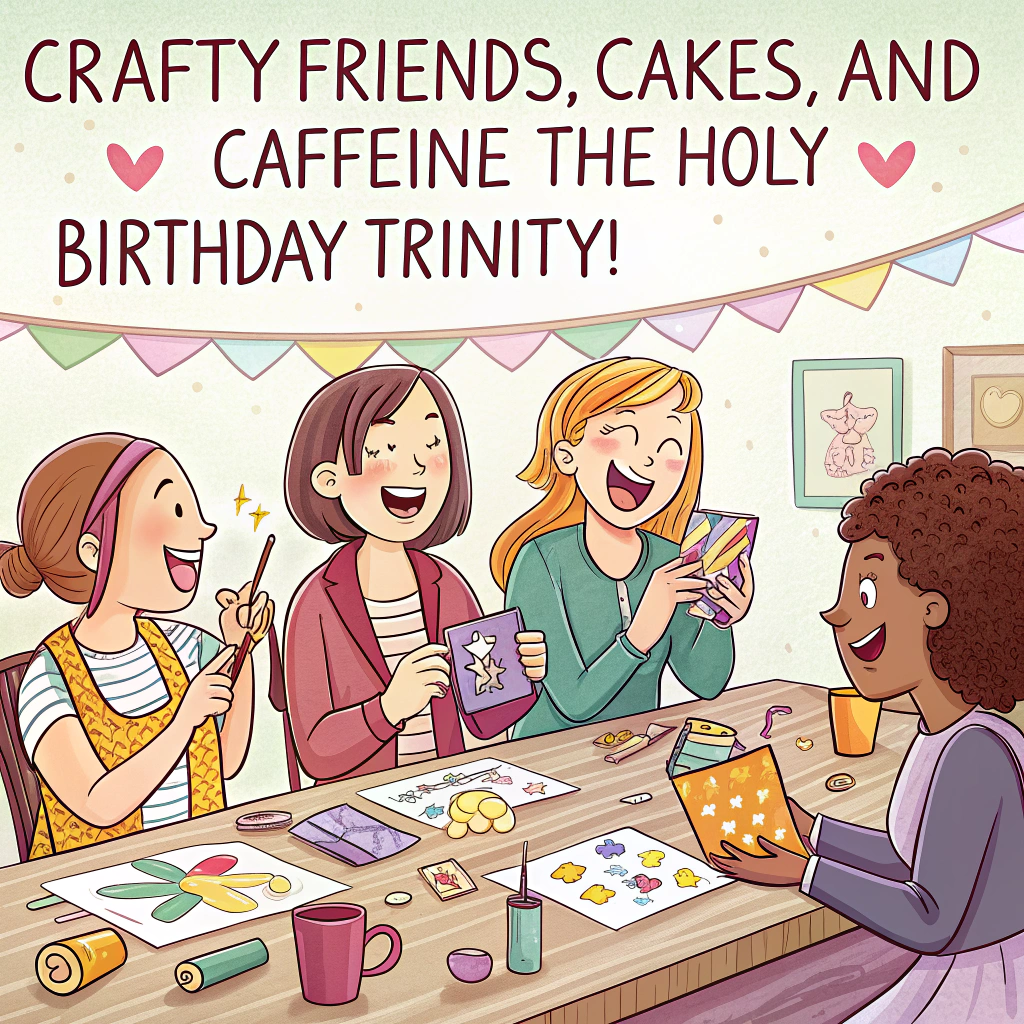 A sunny room filled with women working together crafting paper cards, Tea and coffee and baked goods on a long side table, and There is music playing, and laughter and chatter in the room Birthday Card