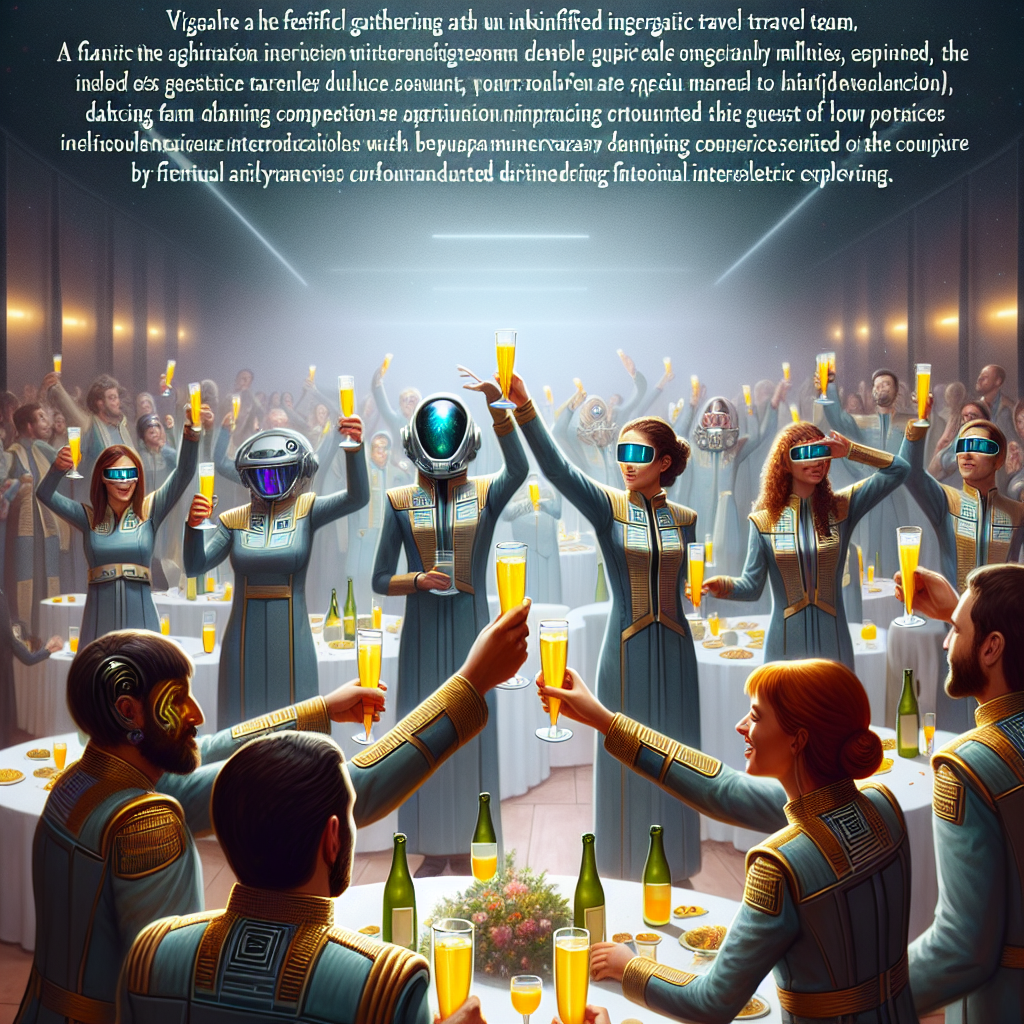 Visualize a festive gathering where the attire matches the likeness of unidentified intergalactic travel team uniforms. Attendees are each holding a glass filled with a bubbly golden beverage, raising their glasses in a tribute to the guest of honor's well-being. The atmosphere resonates with familiar but uniquely altered melodies, ingeniously intertwined with special birthday tributes, voiced by a jovial assembly of companions. The room echoes with hearty laughter as a dancing competition begins. Participants display their top dancing routines influenced by various mysterious non-earthly customs encountered during their fictional interstellar explorations. The gathering is a beautiful fusion of devoted fan culture and genuine festivity.
Generated with these themes: Star Trek, Lager, Singing, Dancing.
Made with ❤️ by AI.