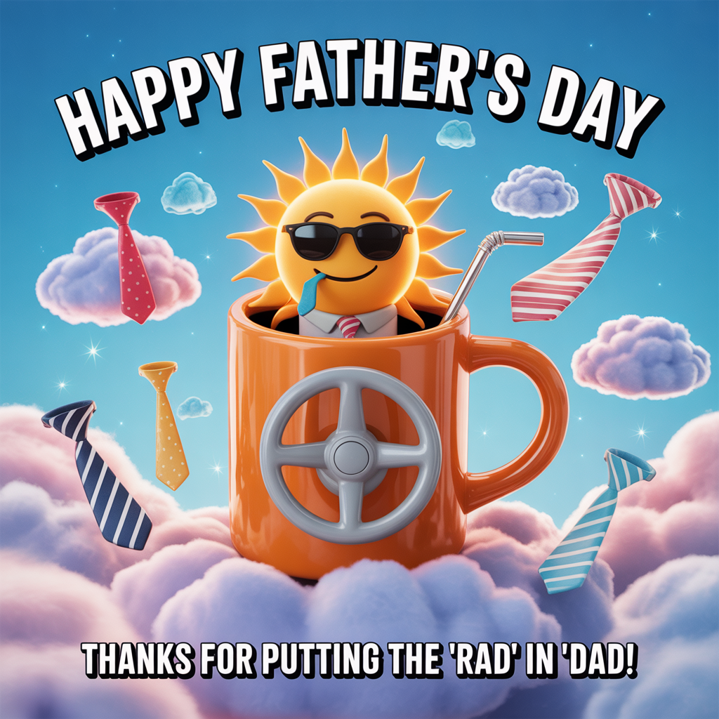 At the top of the image, "Happy Father's Day"

At the bottom of the image, "Thanks for putting the 'rad' in 'dad!'"

- Create a whimsical scene featuring a giant, surreal coffee mug with a handle shaped like a steering wheel, perched atop a cloud. Inside the mug, there's a smiling sun wearing a tie and sunglasses, sipping from a straw. Around the mug, playful, pastel-colored clouds and floating, oversized ties drift through the dreamlike sky.
Generated with these themes:  Happiness , and .
Made with ❤️ by AI.