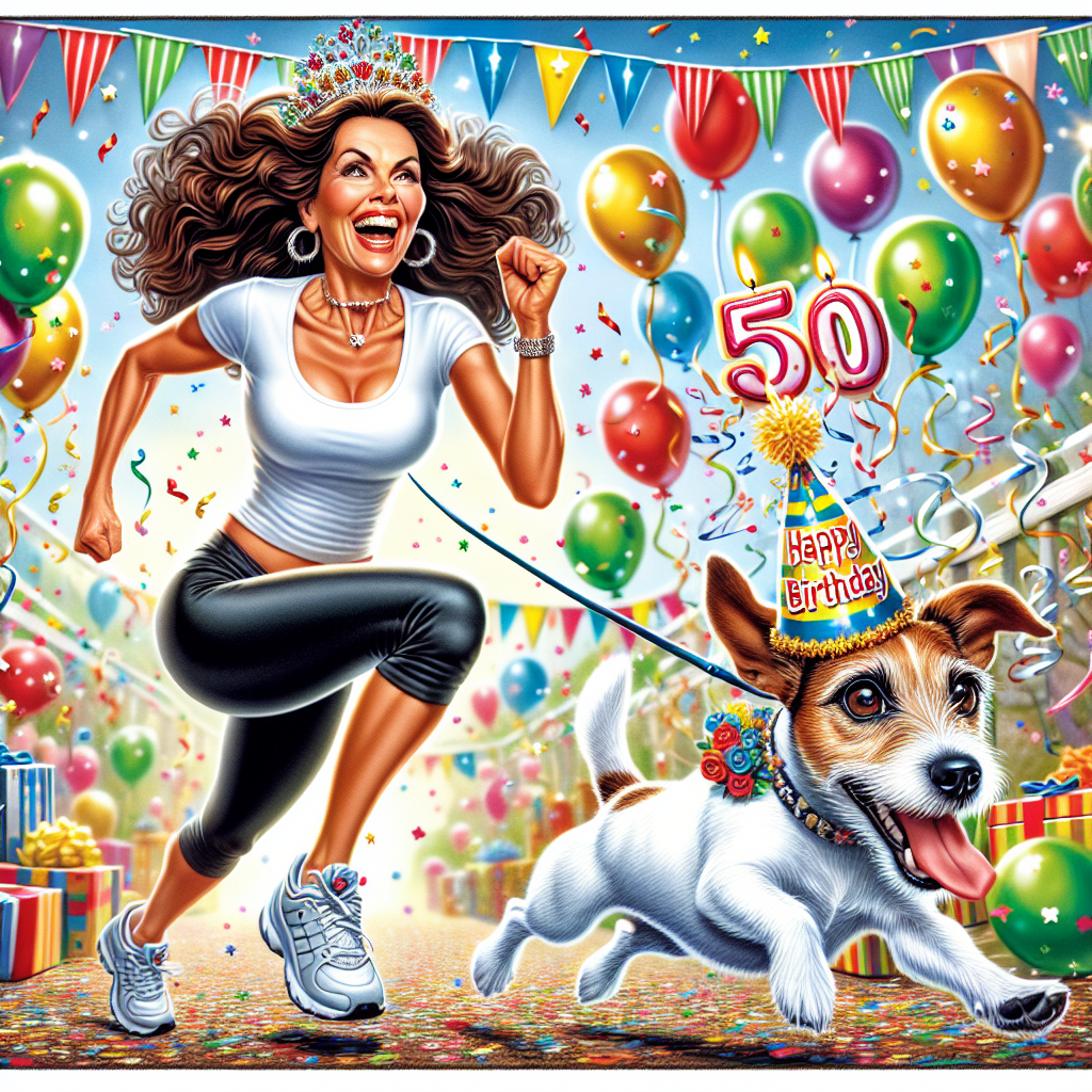 Visualize a festive birthday scene brimming with animated merriment. A joyful Hispanic woman, with luxurious brown hair, is portrayed energetically jogging. A playful Jack Russell terrier sprints alongside her. They are both decked out in amusing birthday accessories, offering a sense of delightful whimsy to the scene. Festooned balloons and streamers enliven the surroundings, jubilantly marking the woman's 50th birthday. The atmosphere seems to effervesce with the enchantment of the significant milestone, immortalized in the jubilant expressions of the woman and her endearing canine companion.
Generated with these themes: Female with brown hair jogging, Jack russell, and 50th birthday .
Made with ❤️ by AI.