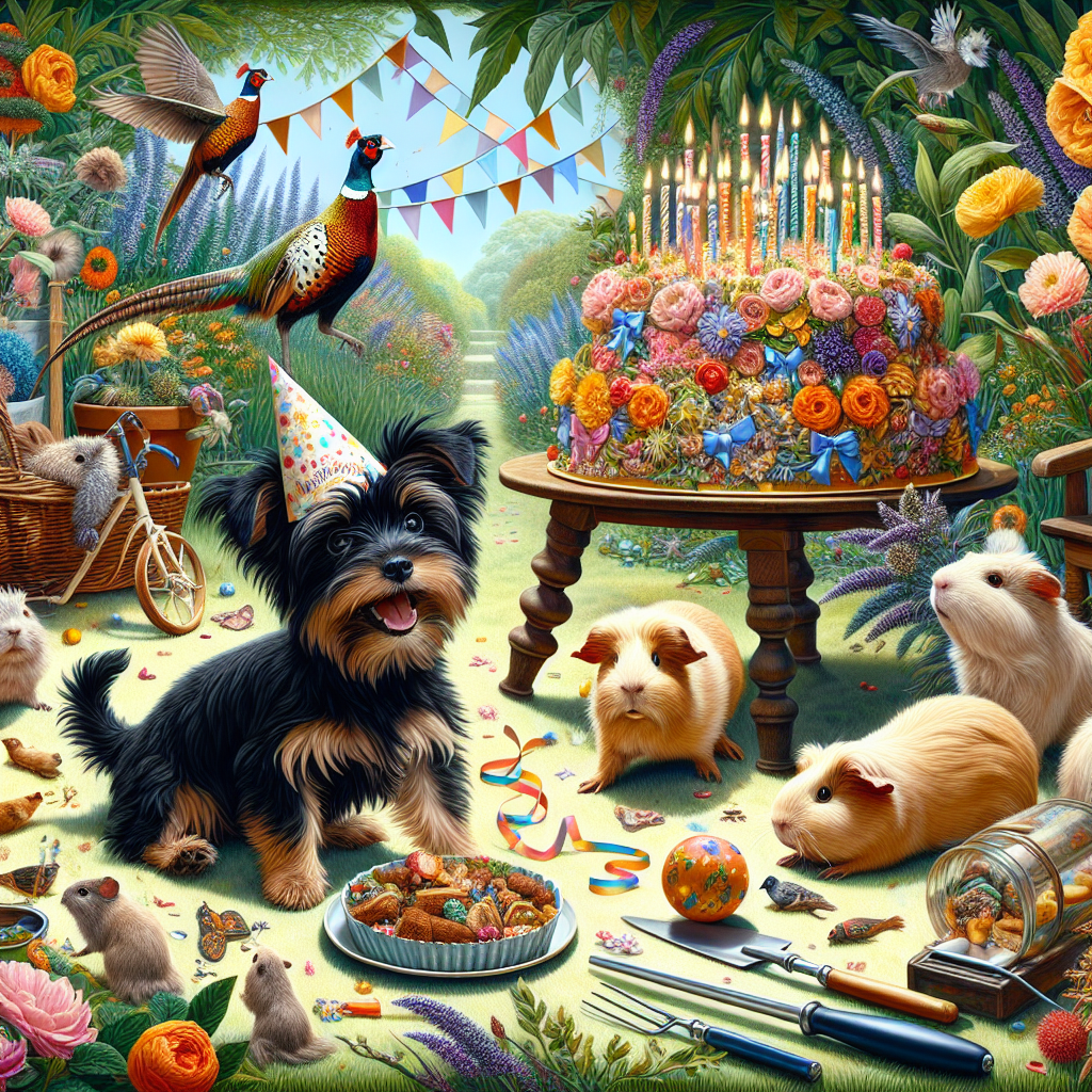 A fantastical birthday illustration portraying an outdoor garden party abuzz with energy. The scene is highlighted by a jubilant black Yorkshire terrier pup sporting a minuscule party hat, who is playing next to a lively golden Chihuahua with short hair. Amid a bed of vibrant blossoms and fresh foliage, a group of guinea pigs can be seen munching on celebratory treats. Within the same frame, an adorned pheasant parades with ribbons tied to its body, adding a regal touch to the party. Visual elements also include various gardening tools strewn about and a beautifully presented cake lavished with edible blossoms that merge animal delight with the peacefulness of gardening into an idyllic birthday festivity.
Generated with these themes: Short haired black Yorkshire terrier puppy, Short hair Golden chihuahua , Guinea pigs, Pheasant, and Gardening.
Made with ❤️ by AI.