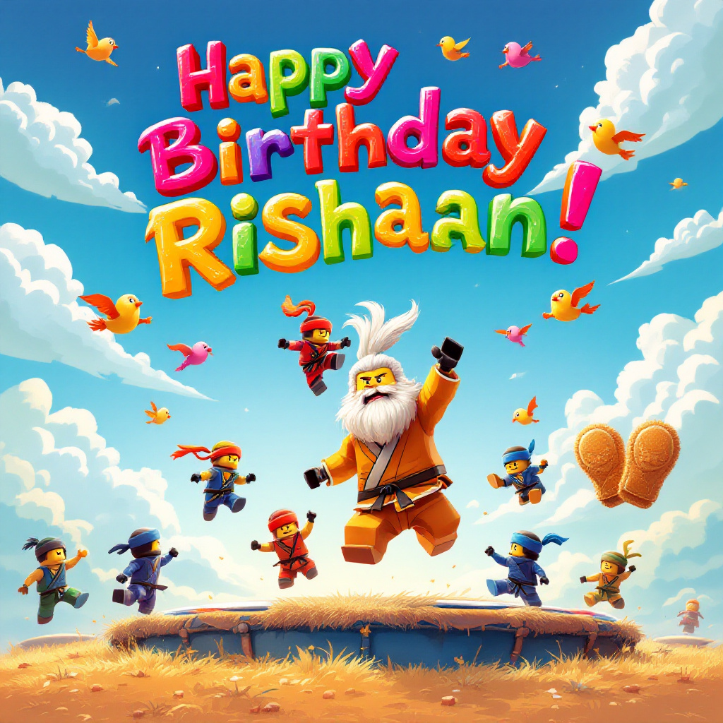The front cover of the birthday greeting card bursts with a playful and vibrant cartoon scene set in a whimsical dojo that seems to float on a fluffy trampoline, bobbing gently under a clear blue sky dotted with playful clouds. In the foreground, a group of tiny Ninjago characters, each dressed in colorful martial arts attire, are mid-action as they bounce energetically on the trampoline surface, their expressions a mix of concentration and joy. Their ninja headbands trail behind them, fluttering in the air as they perform acrobatic taekwondo kicks and flips. Off to the side, a jovial Sensei with a bushy white beard and twinkling eyes cheers them on, holding a pair of oversized, fluffy sparring mitts.

Above the trampoline, the clouds have parted to reveal a spectacular message written in the sky: "Happy Birthday Rishaan!" The letters are crafted from vibrant, swirling colors that seem to be held aloft by cheerful, cartoon birds who fly in playful loops around them. Nearby, a cluster of whimsical balloons, each with a different Ninjago character printed on it, bob gently in the breeze, tied to the back of a nearby chair.

In the background, an ornate birthday cake shaped like a Taekwondo black belt sits proudly on a decorative table. It’s surrounded by miniature Ninjago figurines scaling the tiers like a playful battleground, with tiny sugar-crafted sparring gear and ninja stars scattered tastefully around the cake’s base.

The entire scene is bordered by a vibrant frame of comic strip panels, reminiscent of Bill Watterson's creative layouts, depicting short, comical sequences of the Ninjago characters attempting and comically flubbing trampoline-assisted taekwondo moves, all leading up to the grand finale captured in the center of the card.
Generated with these themes: Ninjago, Taekwondo, and Trampoline.
Made with ❤️ by AI.