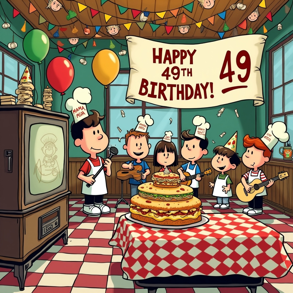 The front cover of the birthday greeting card bursts with an intricate, bustling scene that merges the quirky elements of Charles Schulz's Peanuts and the imaginative flair of Winsor McCay's Little Nemo in Slumberland. The central stage is a lively Italian pizzeria, adorned with checkered tablecloths in red and white, hanging garlic bulbs, and colorful strings of Italian flags crisscrossing overhead. The restaurant's sign reads "Mama Mia's - Home of the Best Meatballs!"

In the foreground, a group of cartoon characters resembling the New Kids on the Block (NKOTB) are animatedly playing instruments. Donnie Wahlberg is drumming on a stack of pizza boxes, Jordan Knight is singing into a microphone fashioned from a spaghetti fork, Joey McIntyre is strumming a guitar with cheese strings, while Danny Wood and Jonathan Knight enthusiastically twirl pizza dough in the air. Their attire mixes their classic 90s street style with whimsical chef hats and aprons.

To the left, an old-school television set, similar to those seen in vintage comic strips, broadcasts an episode of "The Young and the Restless." The screen features a dramatic close-up of two cartoon characters engaged in an intense conversation, adding a humorous soap opera touch to the lively pizzeria scene.

Towards the right side of the scene, a large birthday cake, shaped like the number "49" and decorated with layers of lasagna, sits proudly on a table. Surrounding it, kids in playful, exaggerated gestures reminiscent of Calvin and Hobbes, eagerly eye the cake, each wearing party hats with "NKOTB" written on them.

Above the scene, a whimsical banner swings from the pizzeria's rafters, reading "Happy 49th Birthday!" with a drawing of a tiny pizza slice next to the text. Balloons in vibrant colors float around the banner, each featuring a different comic character face from various inspirations like Tintin, Astro Boy, and characters from The Far Side.

In the background, pizzeria staff—caricatured as both young and older chefs—are animatedly interacting, with one chef twirling spaghetti as though it were a lasso, while another juggles meatballs. A framed photograph of a younger version of the birthday celebrant hangs proudly on the wall, cleverly labeled “The Young and the Restless” with a small, playful note underneath that reads, “Still restless at 49!”

Every corner of the scene is brimming with lively details, combining the essence of iconic comics with a whimsical birthday celebration, creating a vibrant, story-filled image that would delight anyone familiar with these beloved themes.
Generated with these themes: New Kids on the Block, NKOTB, Young and the Restless, Italian food, and 49.
Made with ❤️ by AI.
