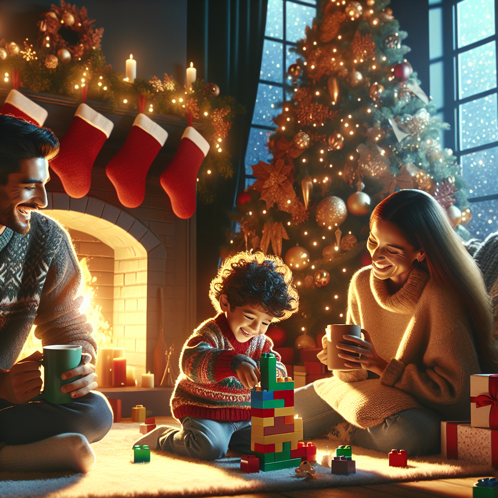 A warm and festive Christmas illustration depicts a family of three, with two adults and a boy, cozily sitting by the fireplace. The room is decorated with stockings, twinkling lights, and a beautifully adorned Christmas tree in the background. The boy, with a bright smile, is building a towering Lego structure on a plush rug, while the adults lovingly look on, each holding a mug of hot cocoa, immersed in the joyful holiday spirit.
Generated with these themes: Familly 2 plus 1 boy , and Lego.
Made with ❤️ by AI.
