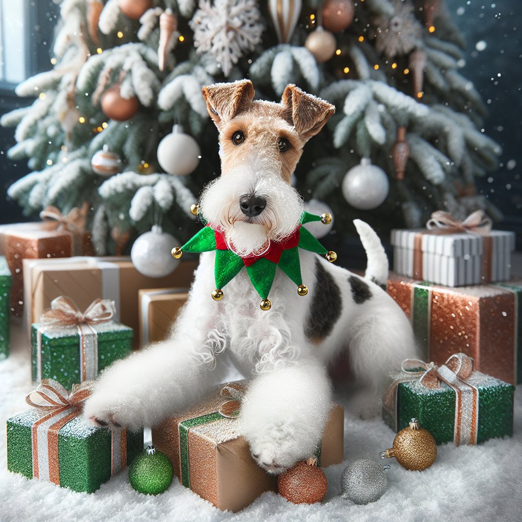 In a snow-kissed cartoon scene, a sleek Wire Fox Terrier sporting a white and brown coat flashes brown eyes full of mischief. This slender canine wears a green elf collar with jingles as it playfully paws at gift-wrapped presents under a beautifully decorated Christmas tree.
.
Made with ❤️ by AI.