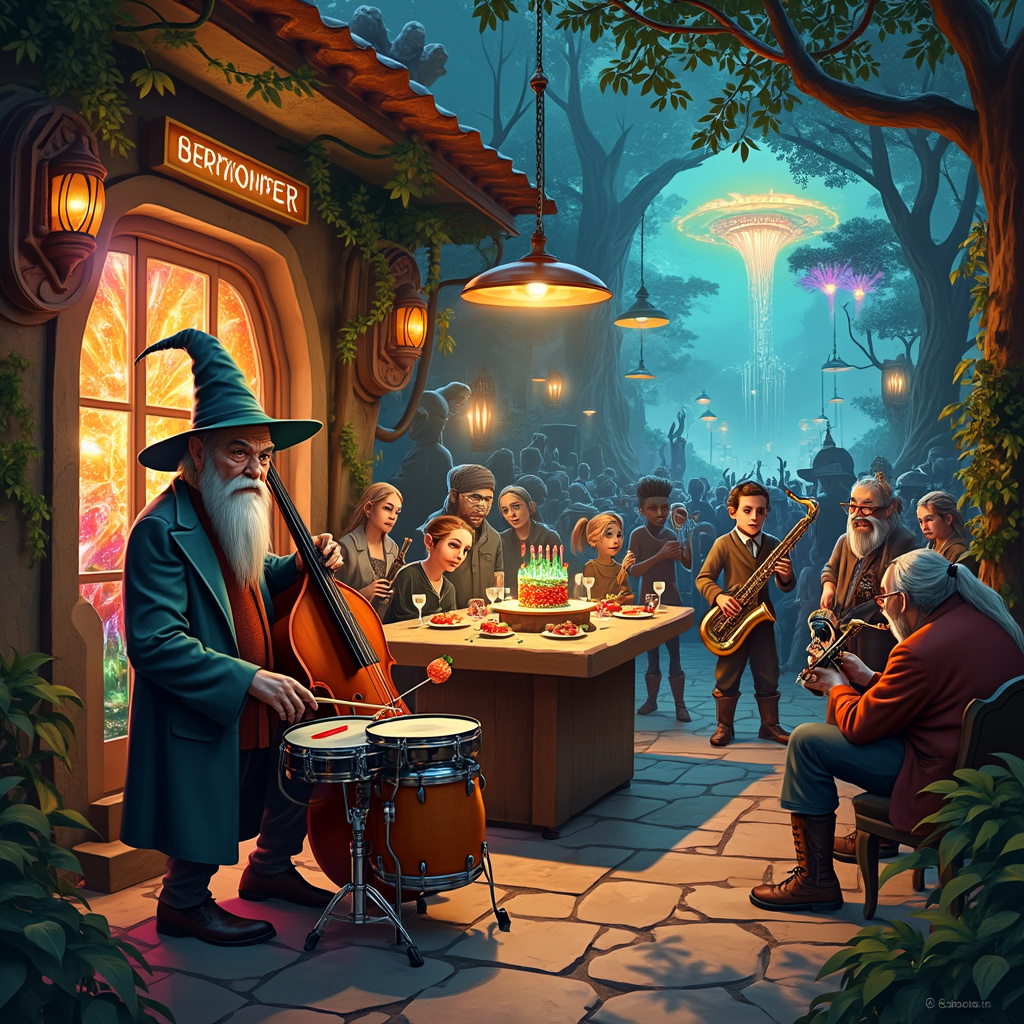 The scene is set in an otherworldly, vibrant jazz club nestled in a corner of the Shire from "The Lord of the Rings," yet with an unmistakable science fiction twist. The club's exterior is a whimsical blend of Hobbiton’s earthy charm and futuristic metallic structures, illuminated by neon lights and holographic signage. In the foreground, Gandalf, dressed in a spiffy zoot suit complete with a glowing tie, is jamming on a double bass with a sly smile. Beside him, a group of hobbit dogs – yes, small hobbits with dog features like floppy ears and wagging tails – are playing various percussion instruments; one is on a snare drum, another on a set of bongos, and a third on a vibraphone, all clearly enjoying their rhythmic collaboration.

On the stage, a sci-fi saxophonist, perhaps an alien with antennae and silvery skin, is blasting out a solo with vibrant musical notes illustrated as colorful swirling patterns around him. The audience is a mix of Middle-earth residents and intergalactic travelers: elves in elegant gowns, dwarves in sturdy armor, and creatures with multiple eyes and tentacles, all tapping their feet and clapping along.

A large, ornate table occupies the center of the scene, topped with an array of birthday treats: a birthday cake shaped like the One Ring, emitting a soft glow; a platter of spicy chili peppers arranged to look like fireworks; and another platter of anchovy-topped canapés designed to resemble tiny spaceships. A hobbit bartender, with exaggeratedly large, expressive eyes reminiscent of Quentin Blake’s characters, is pouring drinks into futuristic goblets that levitate mid-air.

Hanging from the ceiling are fantastical chandeliers made of dragon scales and shimmering crystals, casting a playful, prismatic light over the entire scene. In the background, a mural painted in the style of Maxfield Parrish depicts a mythical battle scene where jazz instruments are wielded like swords and shields.

Overall, the scene is a delightful mashup, detailed and rich with elements from each theme, creating a unique birthday celebration in a world where Middle-earth meets outer space, with a jazzy, spicy twist.
Generated with these themes: Science fiction, Lord of the rings, Chilli, Anchovies , Percussion , Dogs, and Jazz.
Made with ❤️ by AI.