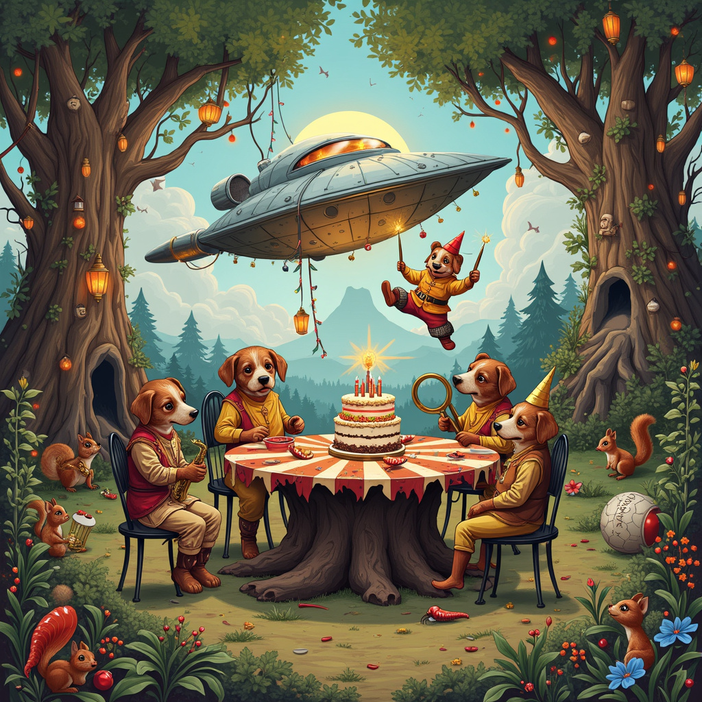 Imagine a whimsical birthday celebration taking place in a lush, fantastical forest clearing. At the center, there's a round wooden table made from a giant tree stump, covered with a colorful, slightly tattered tablecloth that features a vibrant mix of chili peppers and anchovies in a playful pattern.

Seated around the table are a curious ensemble of characters: a group of cheerful dogs dressed in hobbit-like attire with small waistcoats and pointed hats. Each dog is playing a different percussion instrument—one has bongos, another a tambourine, and a third a snare drum, creating a lively, jazz-infused rhythm. The dogs' tails wag in time with the beat.

Hovering above the table is a sleek, silver spaceship, reminiscent of classic science fiction films, with glowing lights and a retractable ladder. From this ladder, a quirky figure dressed in a futuristic, yet medieval outfit that combines elements of Elven armor and space gear, is descending. This character is holding a birthday cake adorned with sparklers and topped with a small model of Mount Doom, complete with a tiny ring perched at its summit.

Around the clearing, large, ancient trees with gnarled branches are festooned with glowing lanterns and streamers. Hidden among the foliage are jazz-playing squirrels with tiny saxophones and trumpets, adding to the musical ambiance. The background features a mix of Norman Rockwell’s detailed realism and Beatrix Potter’s charm, with foliage and flowers meticulously detailed.

In the distance, the silhouette of the Eye of Sauron is humorously transformed into a disco ball, casting sparkling light across the scene. Among the roots of the trees, small, whimsical creatures like those in Maurice Sendak’s works peek out, curiously observing the celebration. Edward Gorey-inspired shadowy figures add a touch of dark humor, silently watching the joyous chaos.

This delightful tableau is framed with a border that has an intricate, Aubrey Beardsley-inspired black and white design of vines intertwined with chili peppers and anchovies, giving a nod to the card’s playful and eclectic themes.
Generated with these themes: Science fiction, Lord of the rings, Chilli, Anchovies , Percussion , Dogs, and Jazz.
Made with ❤️ by AI.