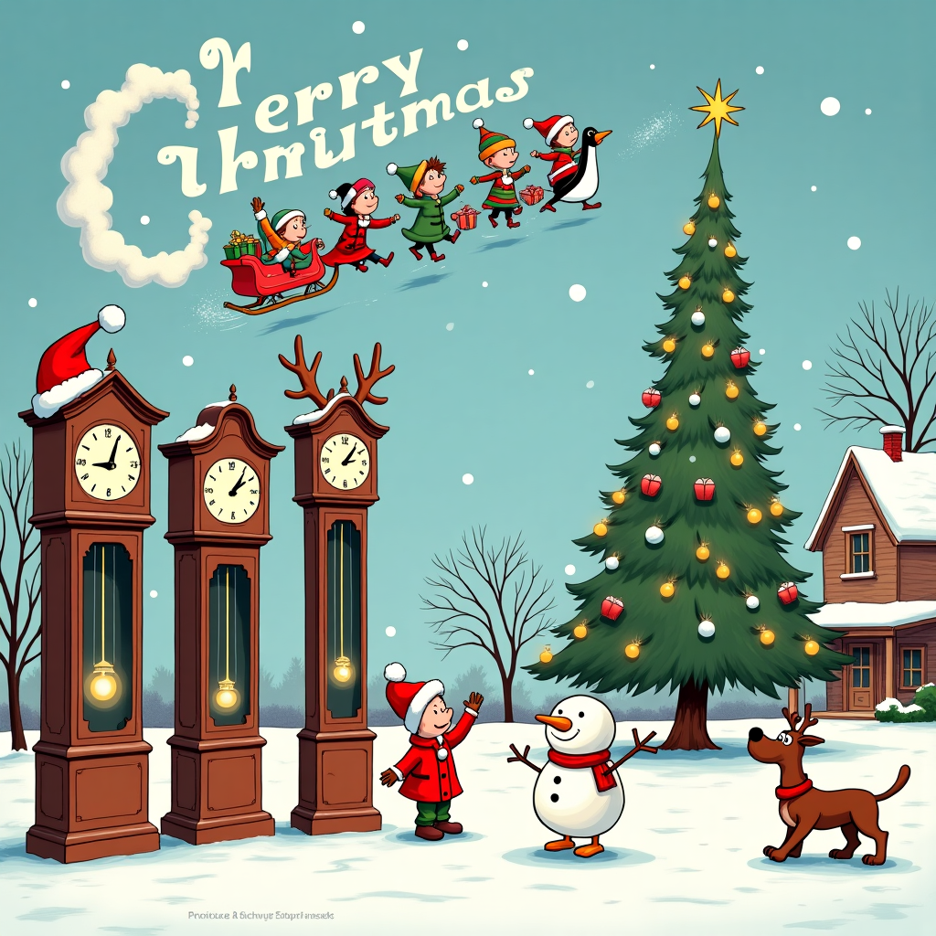 In the foreground of this whimsical Christmas card, a row of animated grandfather clocks stands lined up, each with a distinctive personality. The first clock has a jolly face with a Santa hat perched jauntily on its top, and its pendulum is swinging in the shape of a candy cane. The second clock sports reindeer antlers and a bright red nose, evoking a charming Rudolph vibe. Next, there's a clock adorned with twinkling Christmas lights, whose clock face is beaming with a starry-eyed expression, reminiscent of a cozy winter night.

Behind this animated clock ensemble, a snow-dusted Victorian village scene stretches into the background, echoing Charles Schulz’s charming simplicity and Disney’s enchanting storytelling. Little kids, bundled in colorful winter gear, engage in a spirited snowball fight, their expressions animated and lively, capturing the essence of fun. A snowman with a crooked carrot nose and pebble eyes waves cheerfully at passersby.

High above in the crisp, azure sky, fluffy white clouds have formed into the letters spelling out "Merry Christmas, Norman Bradley," as if written by a gentle, whimsical hand of winter magic. A trail of cartoon-style, gleeful elves holding festive banners on a sleigh pulled by a dapper-looking penguin flies through the sky, echoing Osamu Tezuka’s dynamic character animations. The elves are tossing out snowflakes that shimmer like confetti, adding a sprinkle of joy and sparkle to the scene.

To the right, a cozy-looking house is adorned with oversized, glowing Christmas lights, akin to a Bill Watterson-esque fantastical twist on suburban holiday decorations. A dog with a red and green scarf barks joyously, its tail wagging furiously. Completing the scene, a friendly, oversized Christmas tree stands in the middle, laden with quirky ornaments, from tiny teacups to miniature wrapped presents, each illustrating the playful whimsy of R. Crumb’s imagination.

This festive, detailed tableau is a playful nod to the wonders of Christmas time, lovingly tied together with the recipient’s name woven into the magical holiday scene.
Generated with these themes: Grand Father Clocks.
Made with ❤️ by AI.
