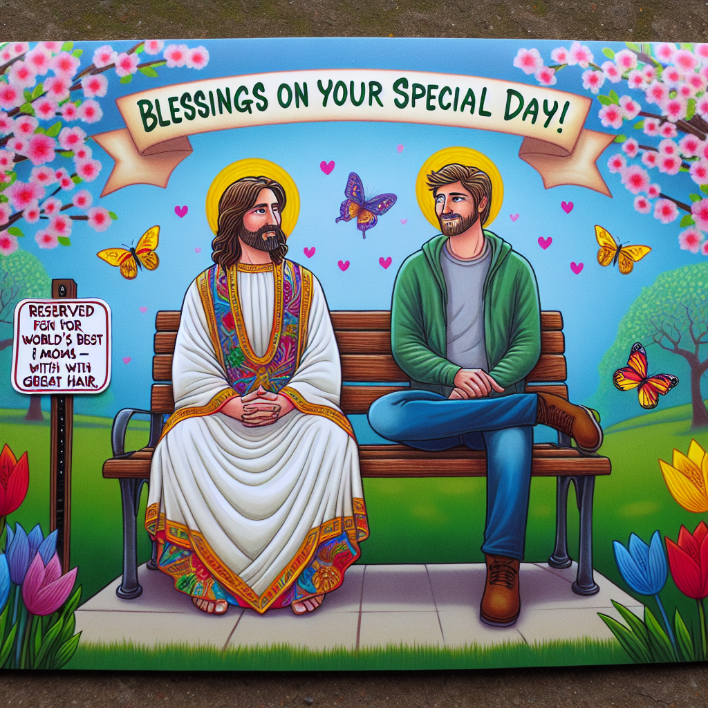 A vibrant Mother's Day card showing an illustration of two charismatic figures, one a symbolic figure of peace and love with shoulder-length hair and robes, and the other a well-groomed man with a casual style, sitting on a park bench sharing a peaceful moment. Spring blossoms surround them in full bloom. Above them, a banner flies with the words, 'Blessings on Your Special Day!' as colorful butterflies flutter around. Nearby, a humorous sign reads 'Reserved for World's Best Moms – and Heavenly Figures with Great Hair.'
Generated with these themes: Jesus, and George michael .
Made with ❤️ by AI.